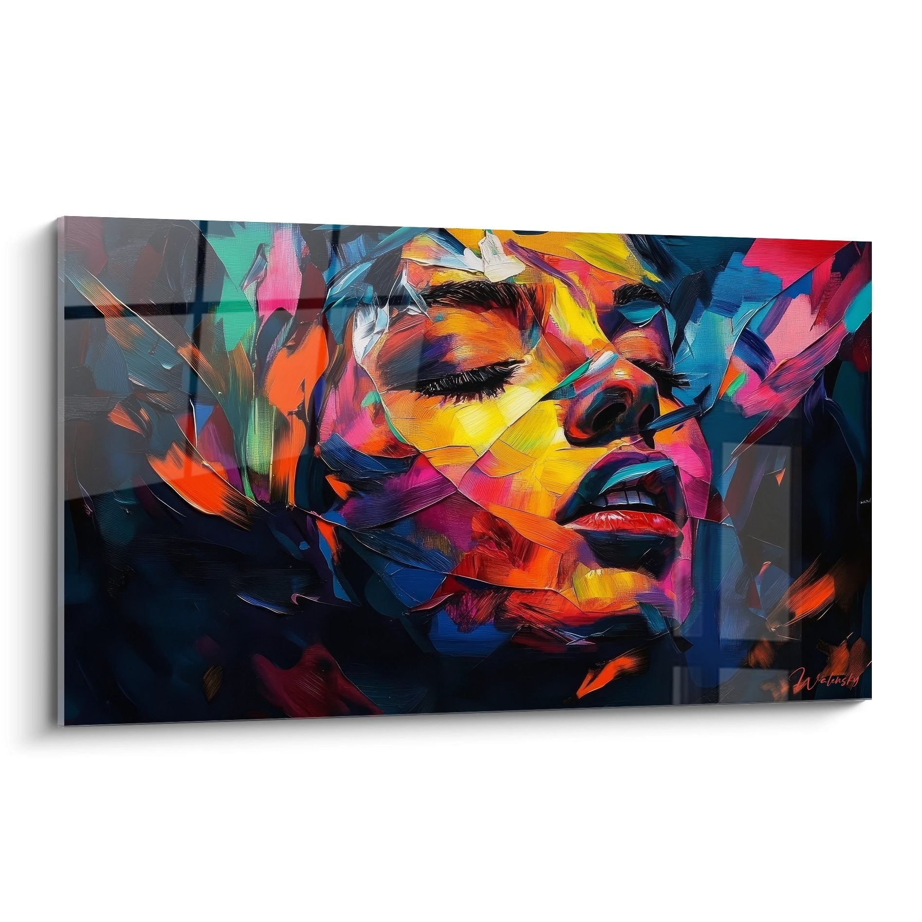 Tableau mural visage femme abstrait aux couleurs vives, art moderne figuratif pour décoration contemporaine