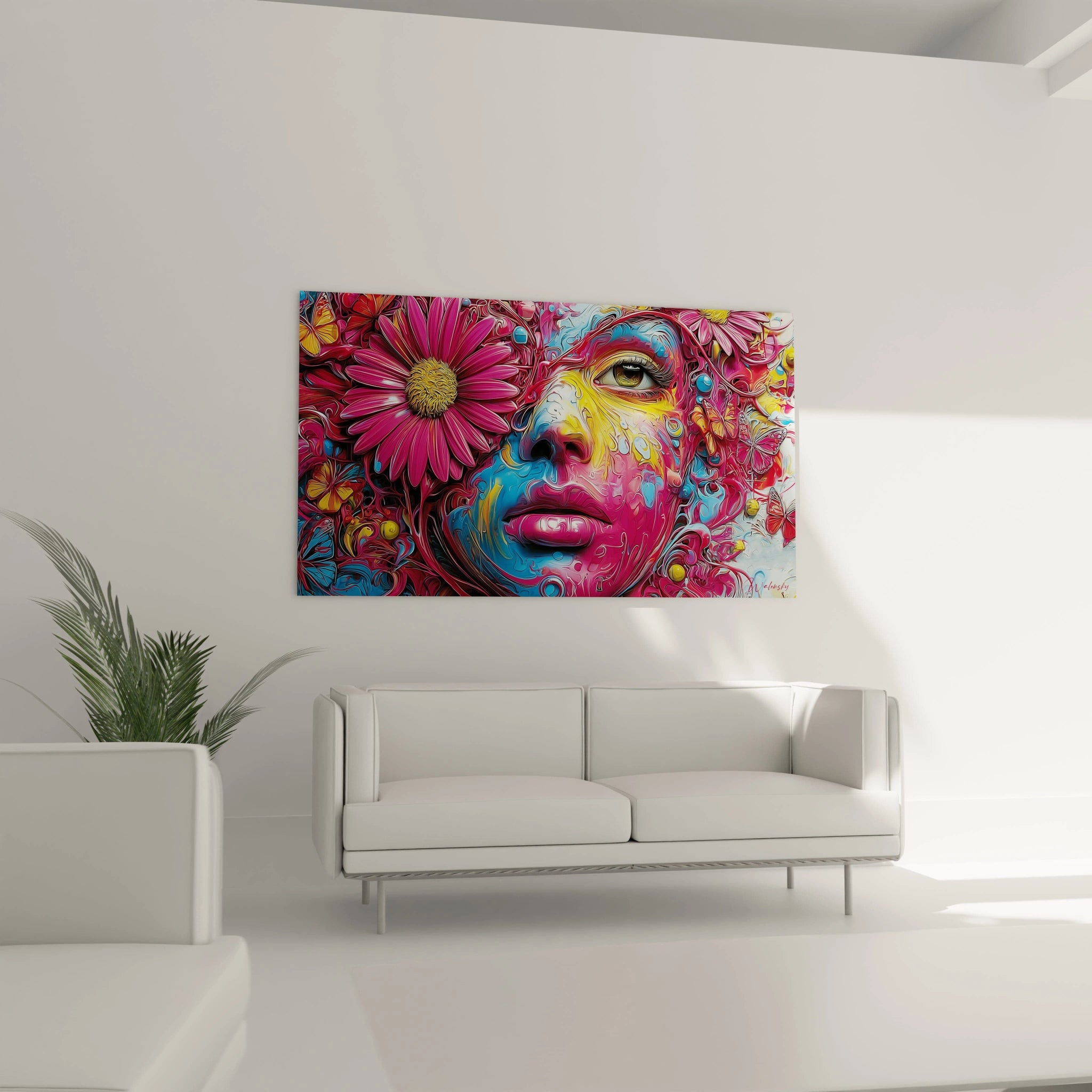 Gros plan tableau portrait femme fleurs psychédéliques détails couleurs vives art moderne décoratif mural