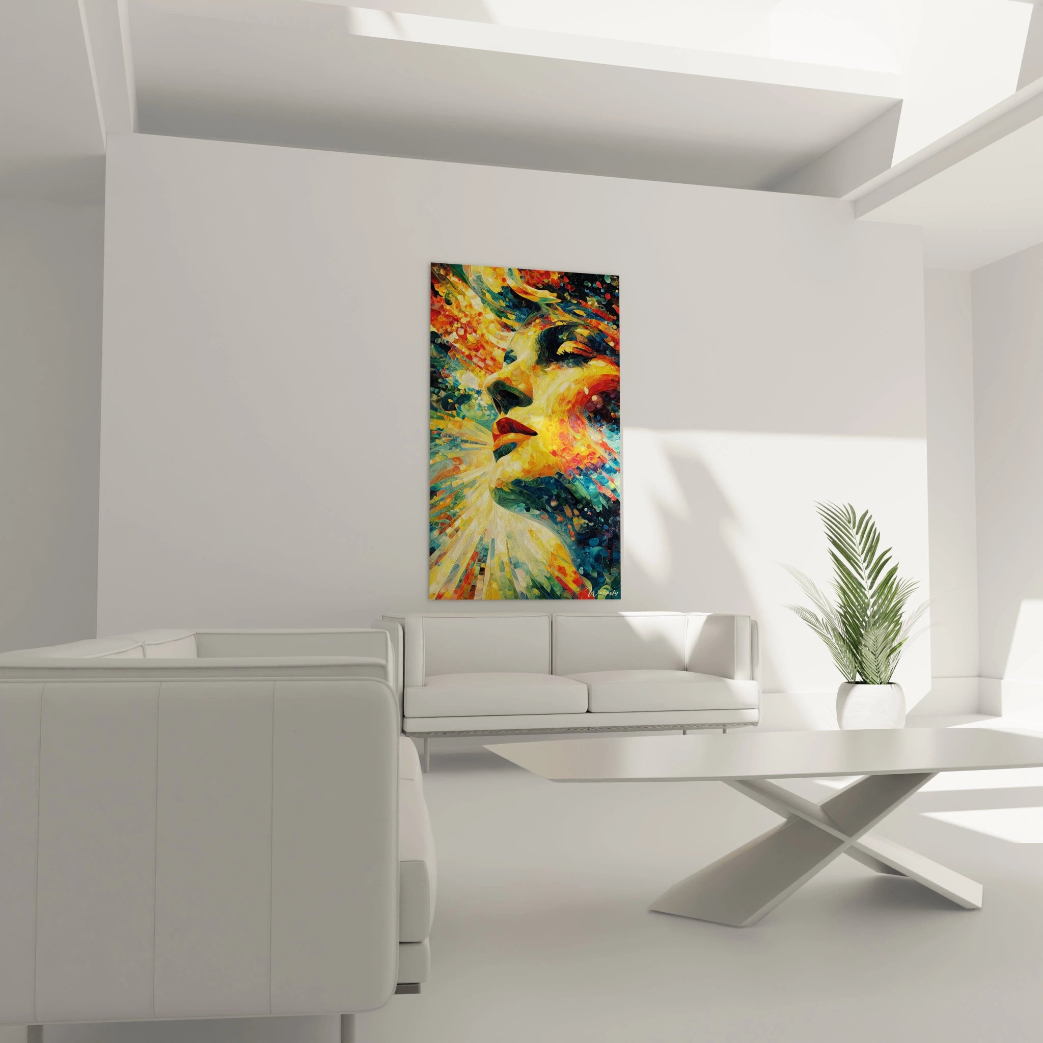 tableau visage femme contemporain Walensky portrait mural coloré abstrait accroché au dessus du canapé dans un salon minimaliste