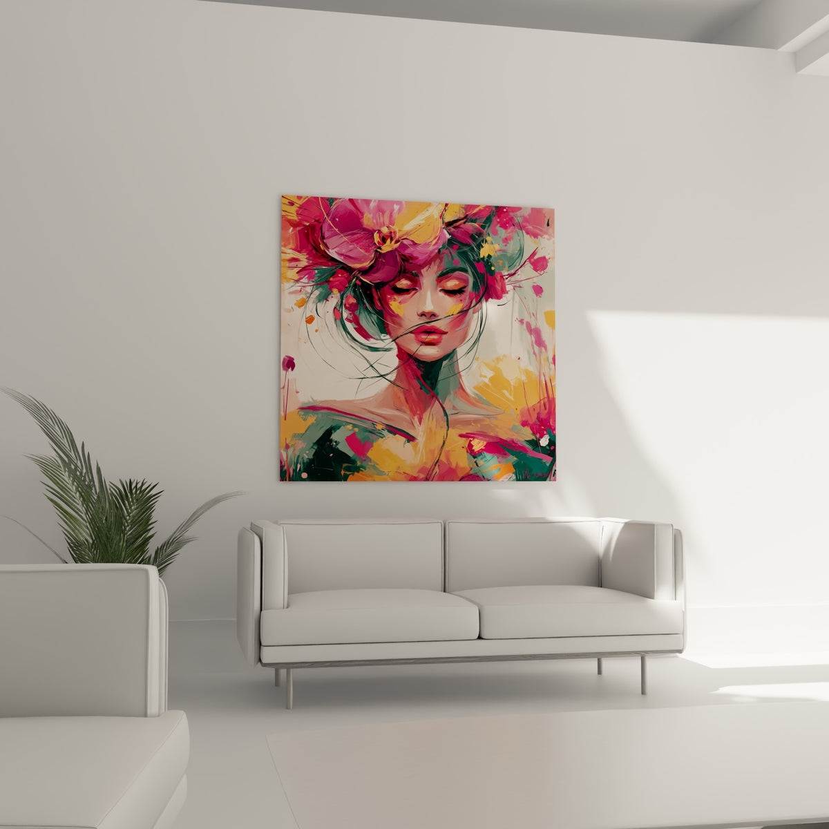 Femme entourée de pétales fuchsia et dorés, lèvres corail, suspendue au-dessus d'un canapé dans un salon lumineux