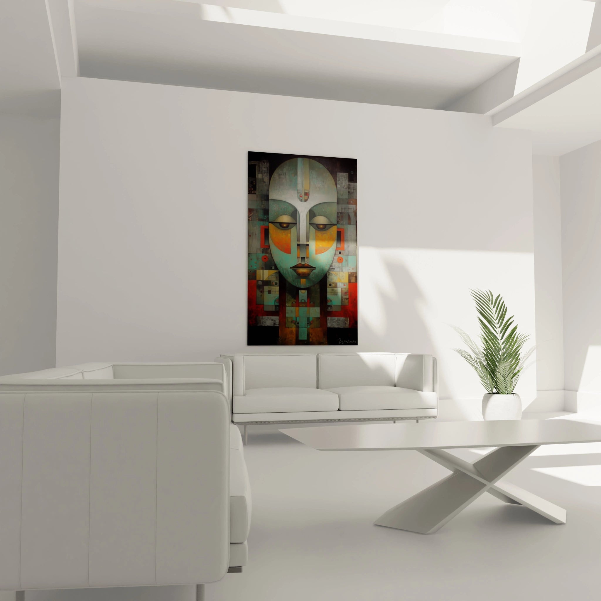 Tableau mural masque africain moderne de Walensky, ajoutant une touche d'art contemporain à votre intérieur