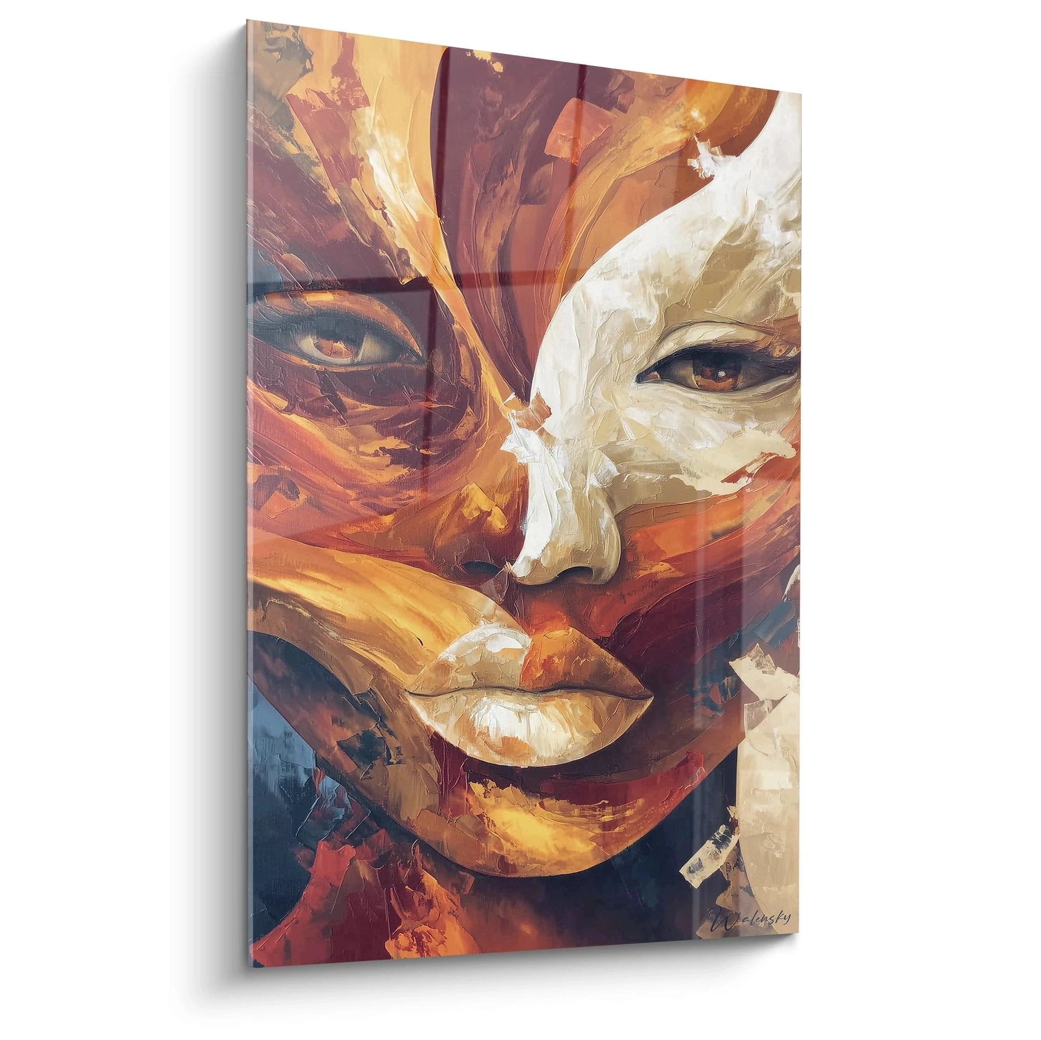 Tableau mural visage fragmenté art africain, avec des couleurs chaudes et un design moderne captivant