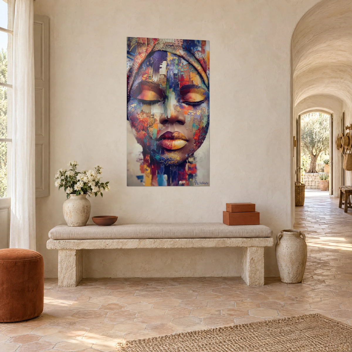 Quadro ritratto di donna con turbante patchwork, guance in pasta spessa rossa e turchese, casale provenzale in vista di tre quarti