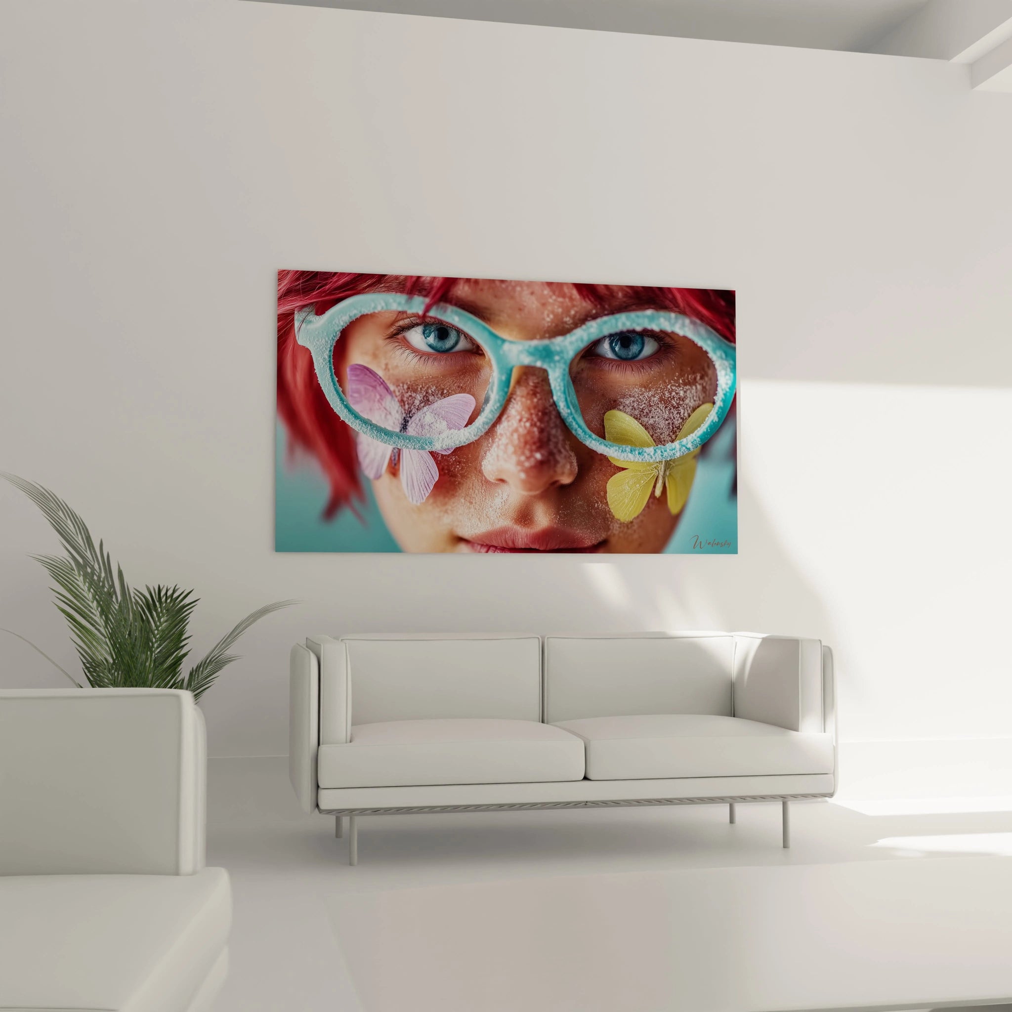 Tableau Walensky portrait gros plan lunettes turquoise pétales et paillettes, ambiance fraîche tableau visage fraîcheur marine