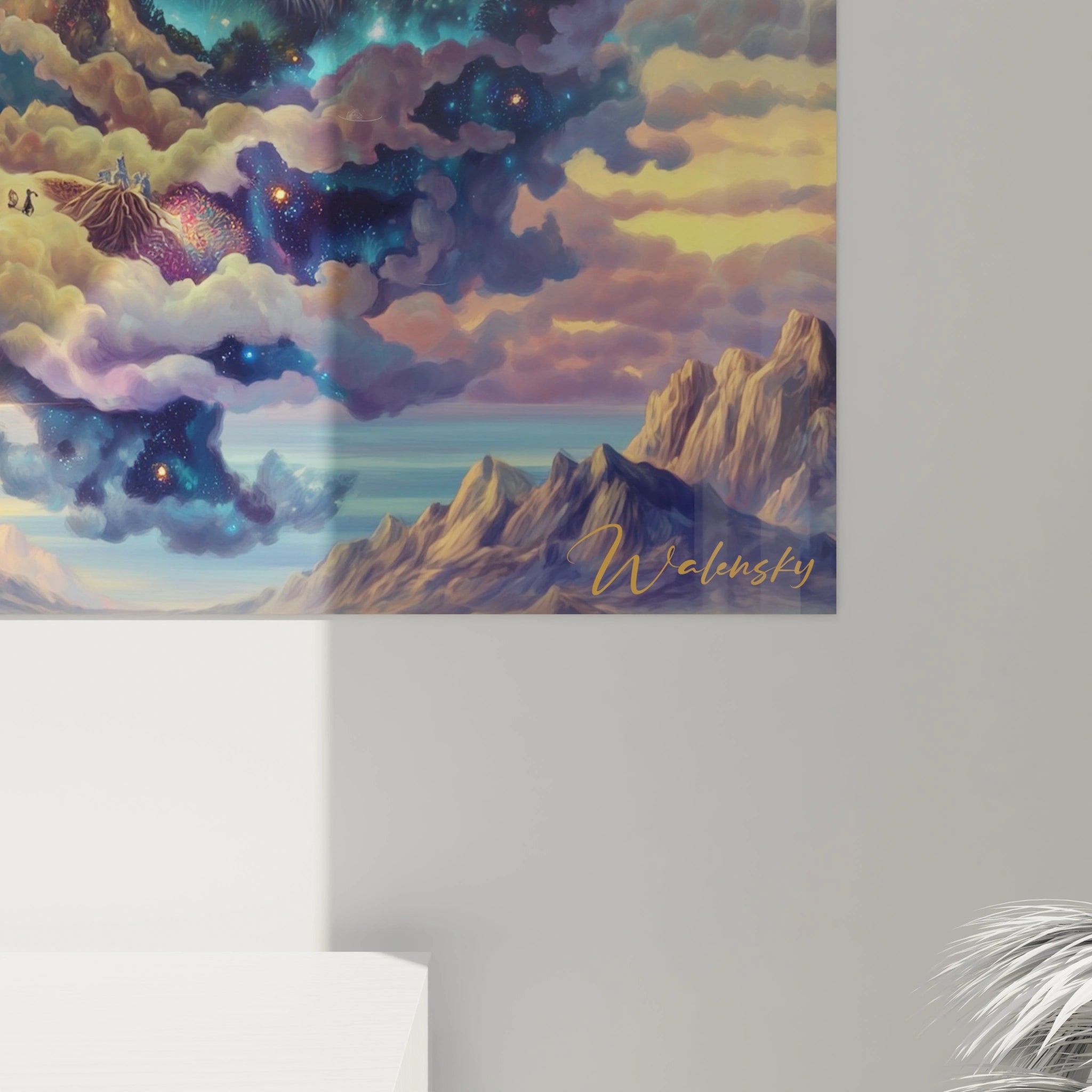 Tableau mural Walensky représentant un tableau surréaliste galaxie avec nuages étoilés montagnes et ciel onirique