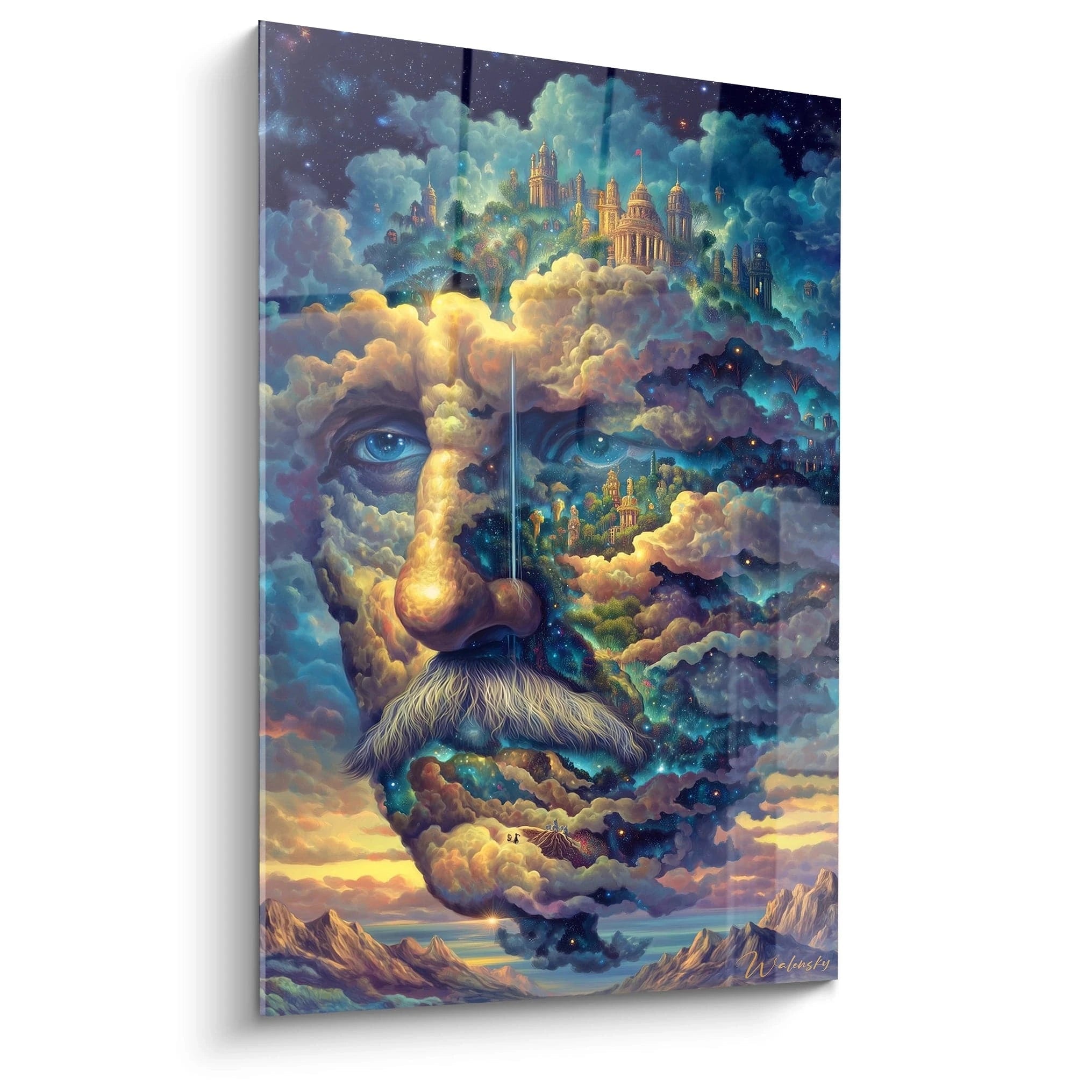Walensky tableau surréaliste galaxie représentant un visage cosmique formé de nuages cités et montagnes