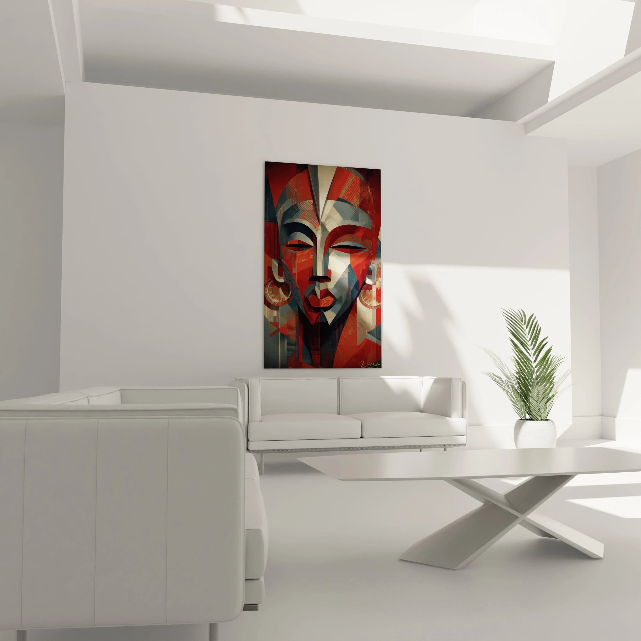 Tableau masque africain moderne de Walensky, décoration murale colorée dans un intérieur contemporain