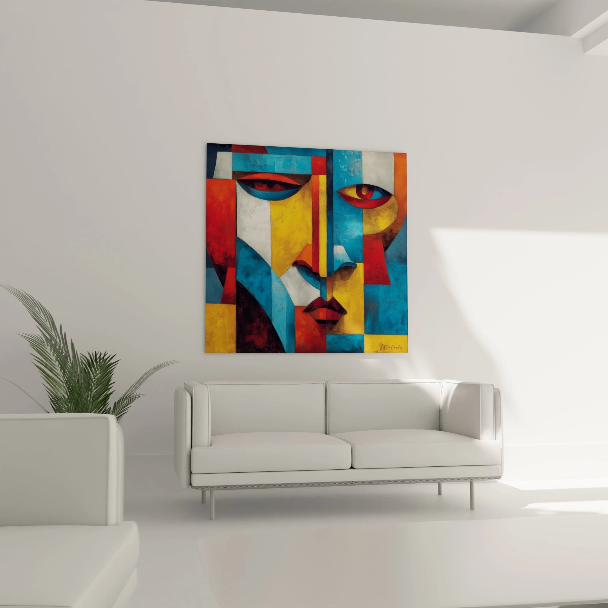 Tableau masque africain moderne de Walensky sur un mur, ajoutant une touche artistique à la décoration intérieure