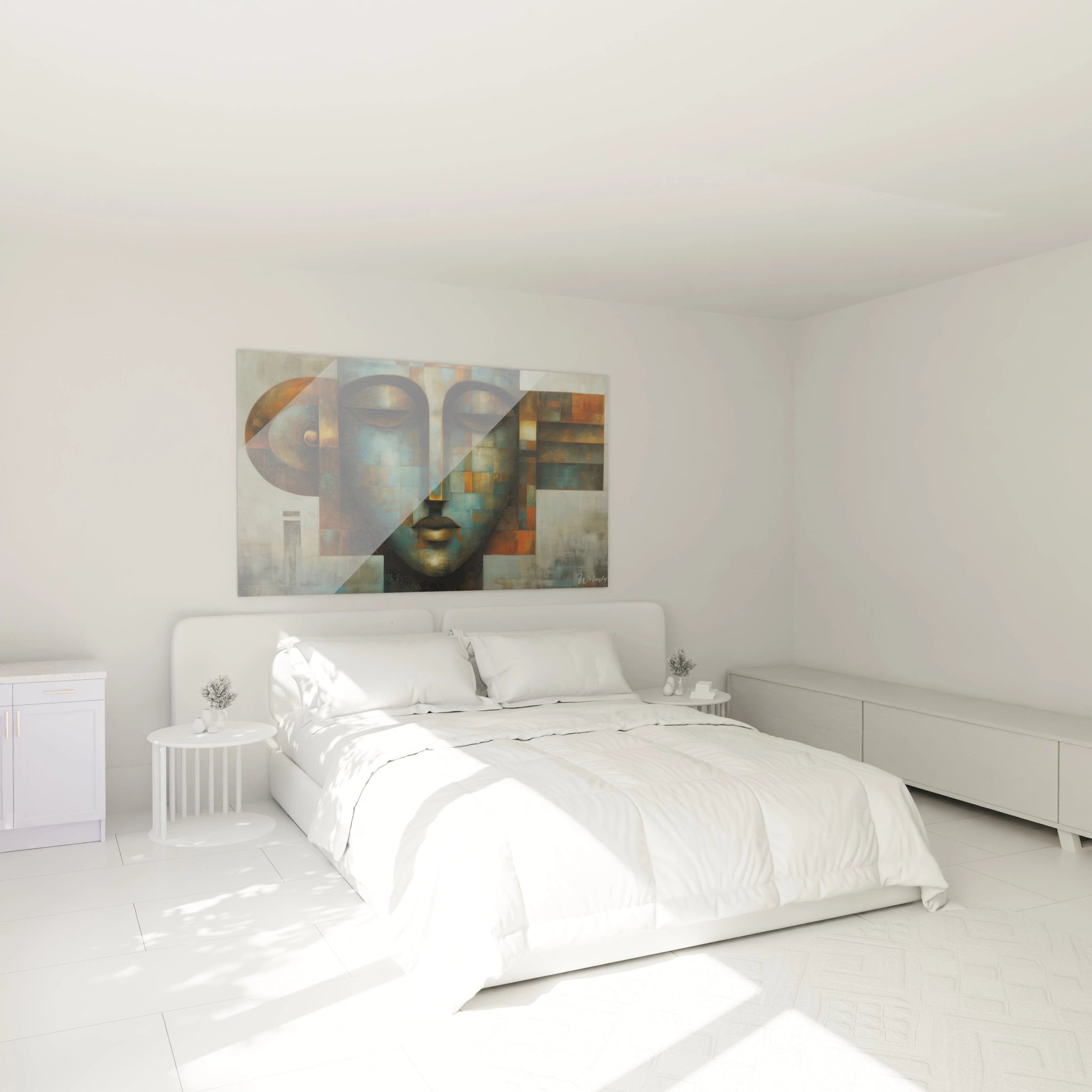 Tableau mural visage géométrique de Walensky dans une chambre moderne et lumineuse