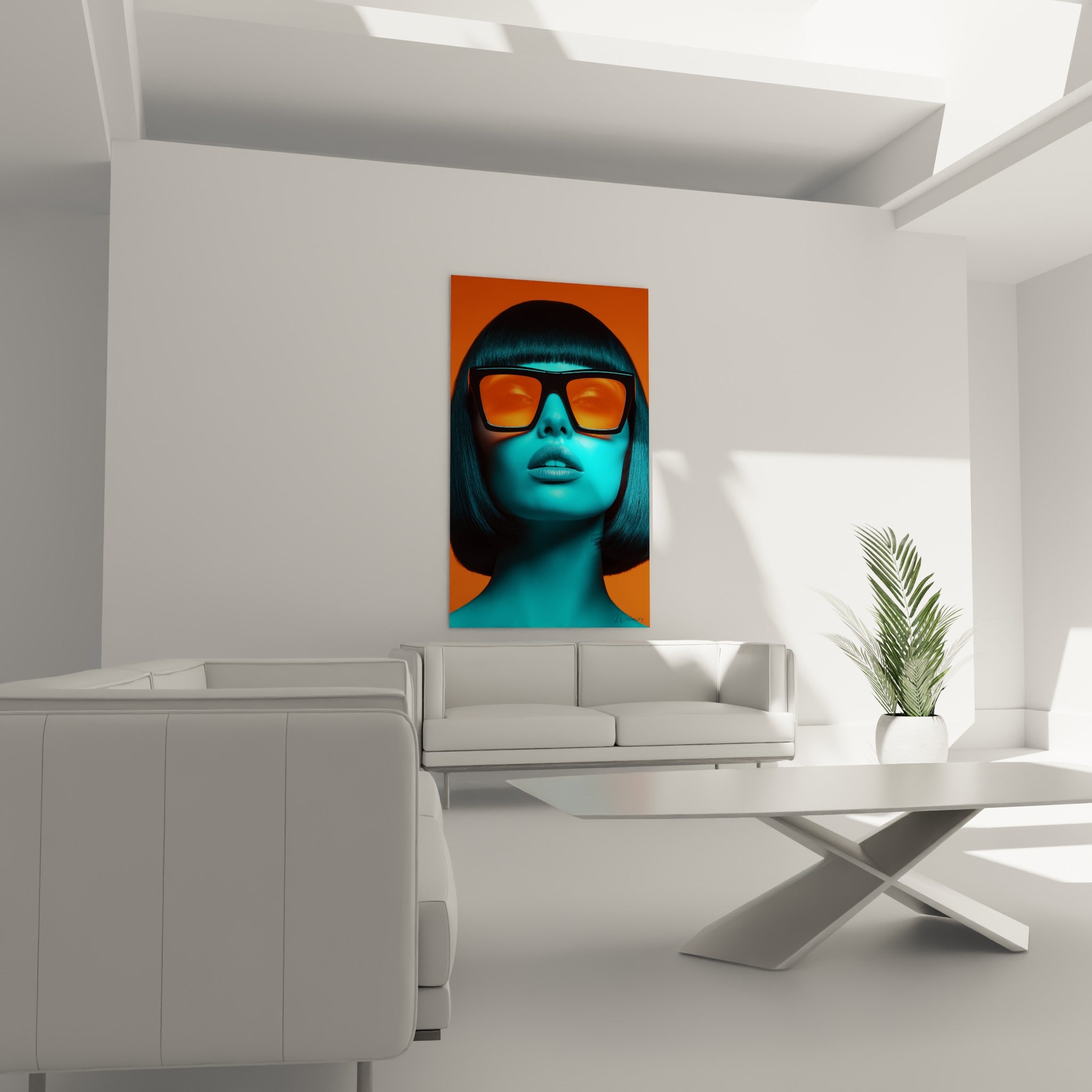 Visage bicolore turquoise et orange au-dessus d'un canapé dans un salon lumineux, lunettes noires marquées