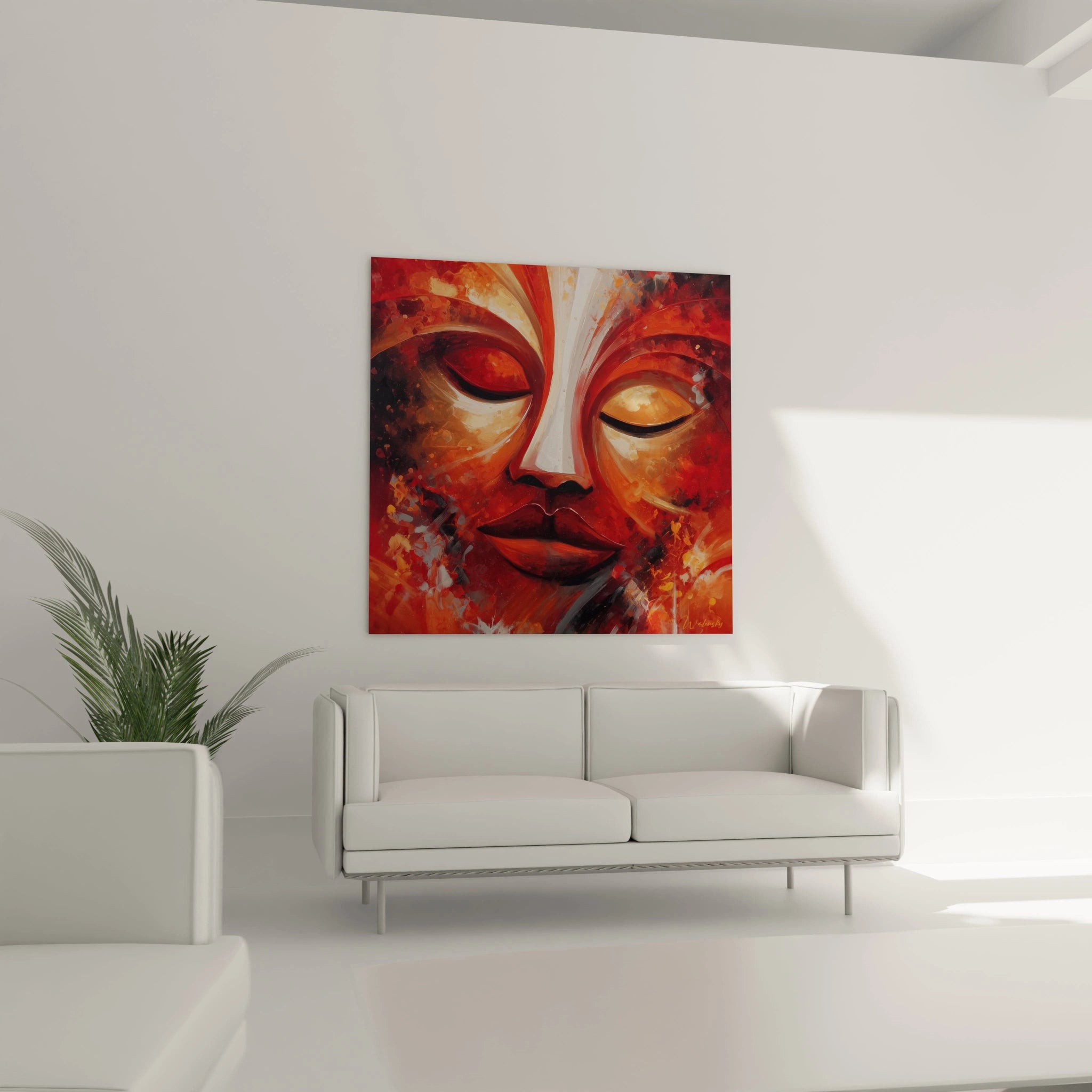Tableau masque africain moderne en coloris rouges et oranges sur un mur, décorant un salon contemporain