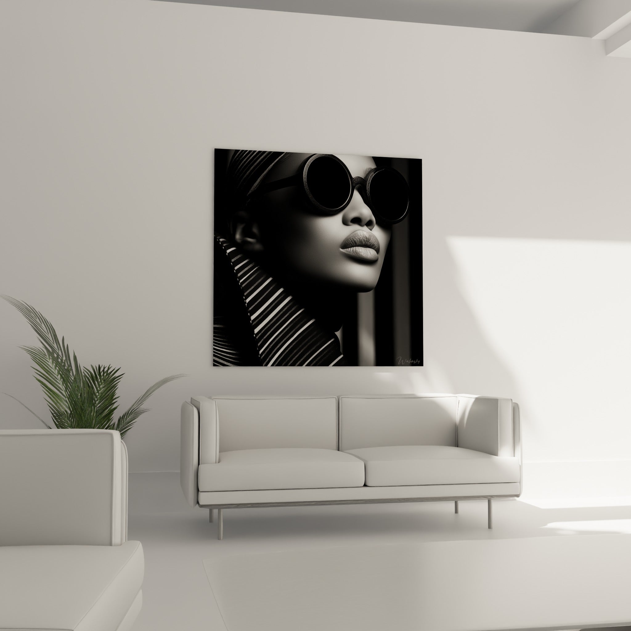 Portrait noir et blanc aux tons gris et ivoire, au-dessus d'un canapé dans un salon lumineux