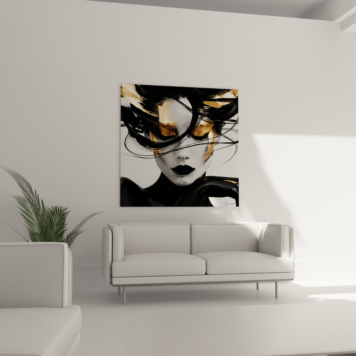 Femme au regard voilé, lèvres noires et reflets dorés, suspendue au-dessus d'un canapé dans un salon lumineux