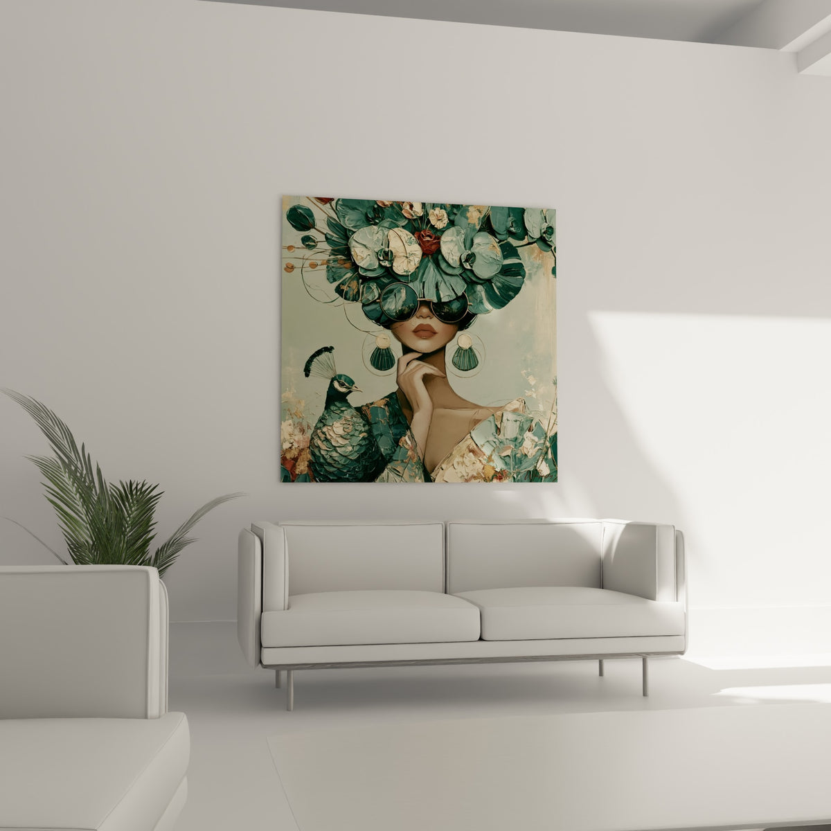 Silhouette Visage ornée de fleurs vertes et dorées, paon élégant, suspendue au-dessus d'un canapé dans un salon lumineux