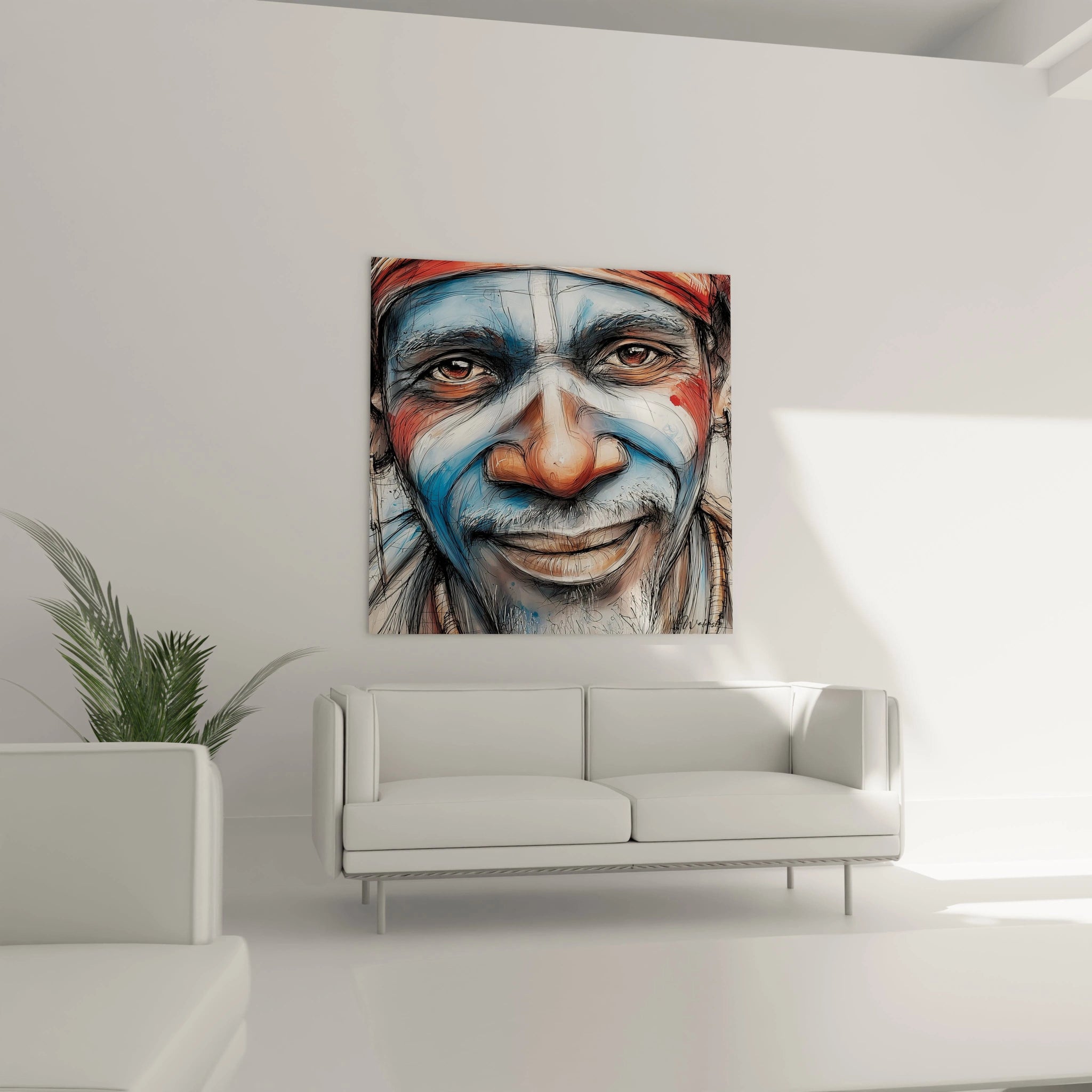 Tableau visage africain coloré représentant un homme avec des peintures faciales dans un intérieur moderne