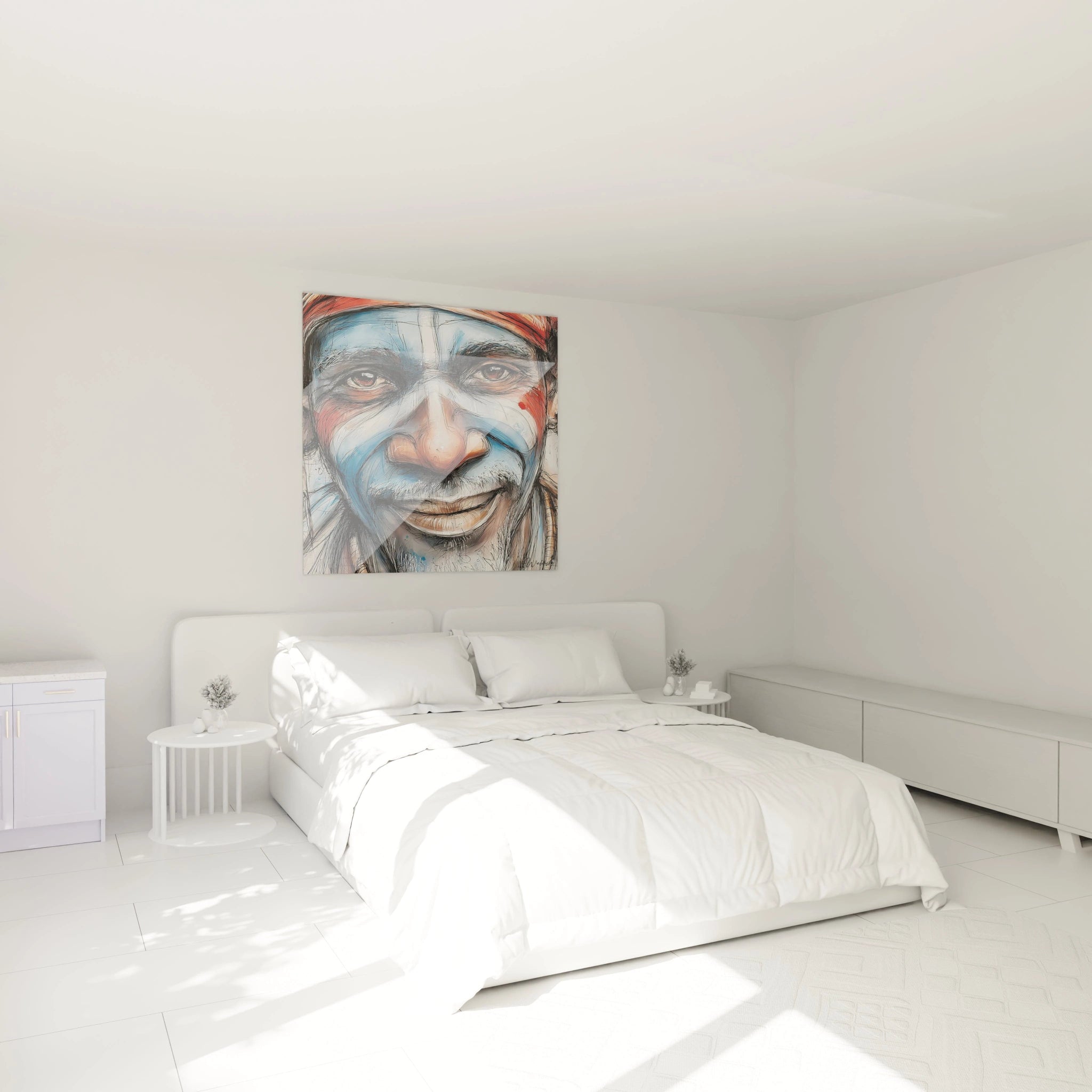 Tableau visage africain de Walensky accroché au mur dans une chambre lumineuse et moderne