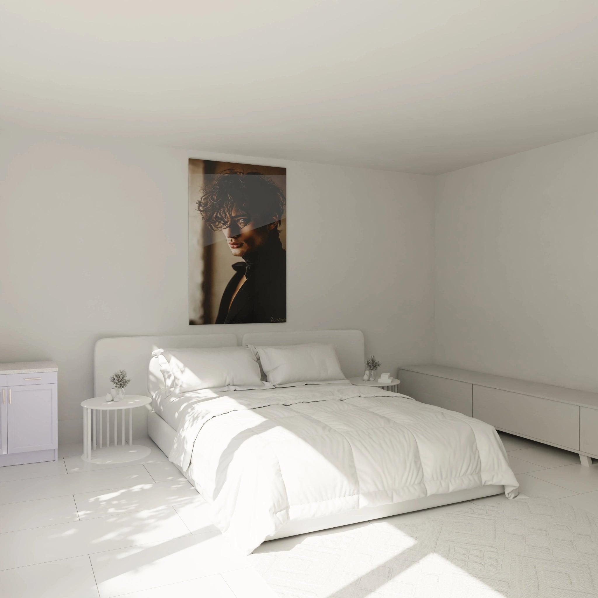Tableau visage masculin design de Walensky accroché au mur d'une chambre moderne et lumineuse