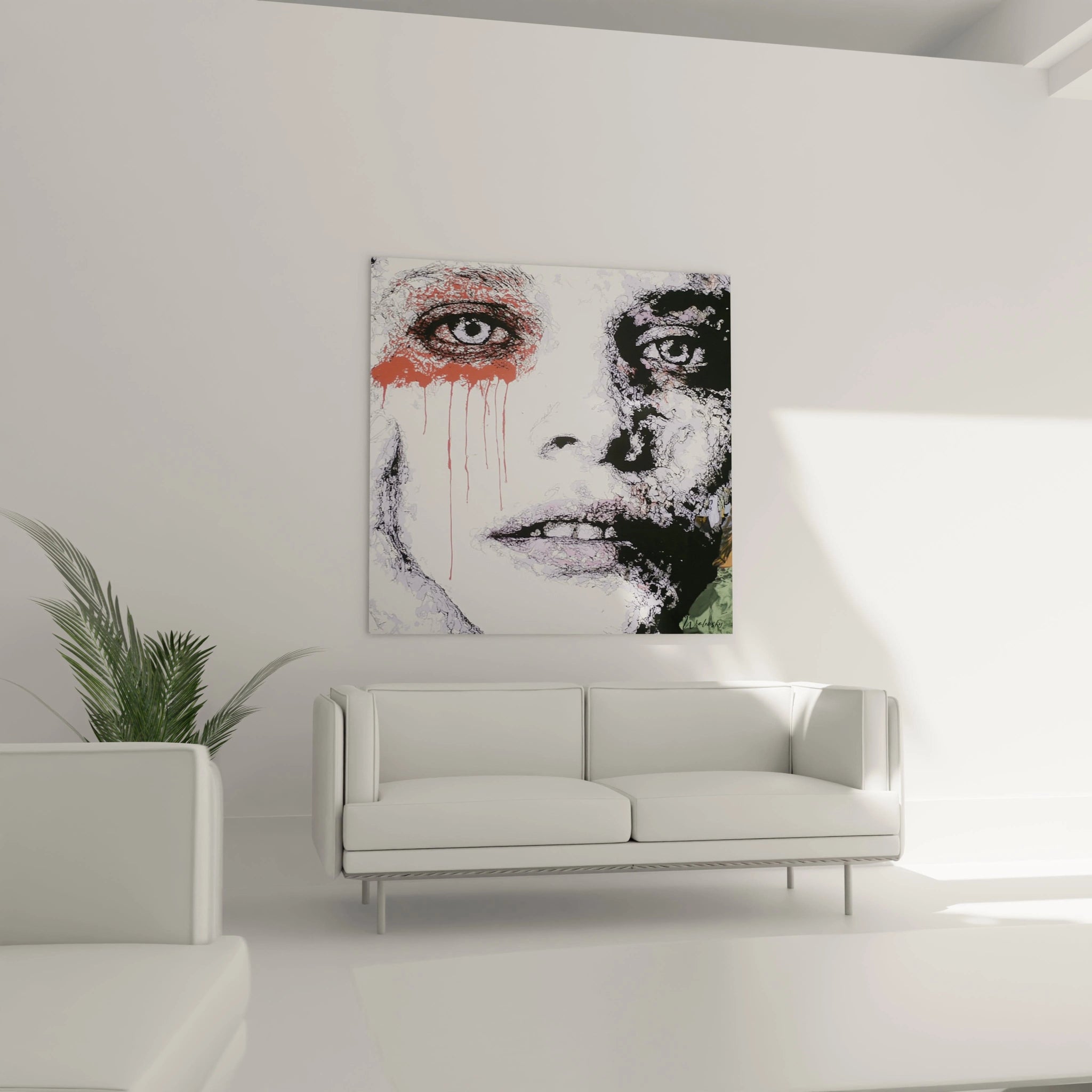 Walensky tableau visage masque brisé portrait artistique taches noires peinture rouge au dessus d un canapé blanc