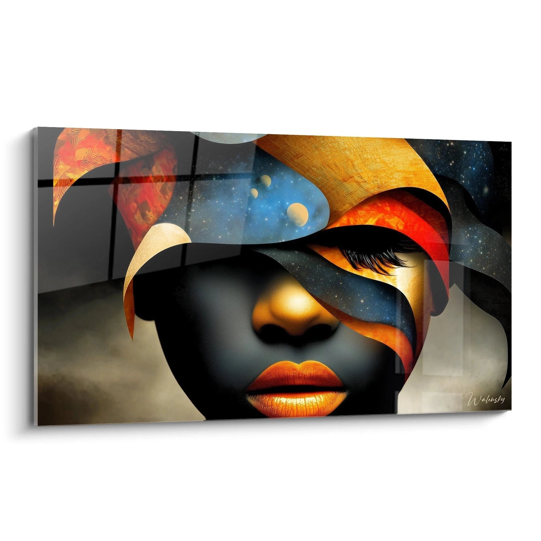 Tableau mural moderne avec un masque africain moderne mettant en valeur des couleurs vives et des motifs abstraits
