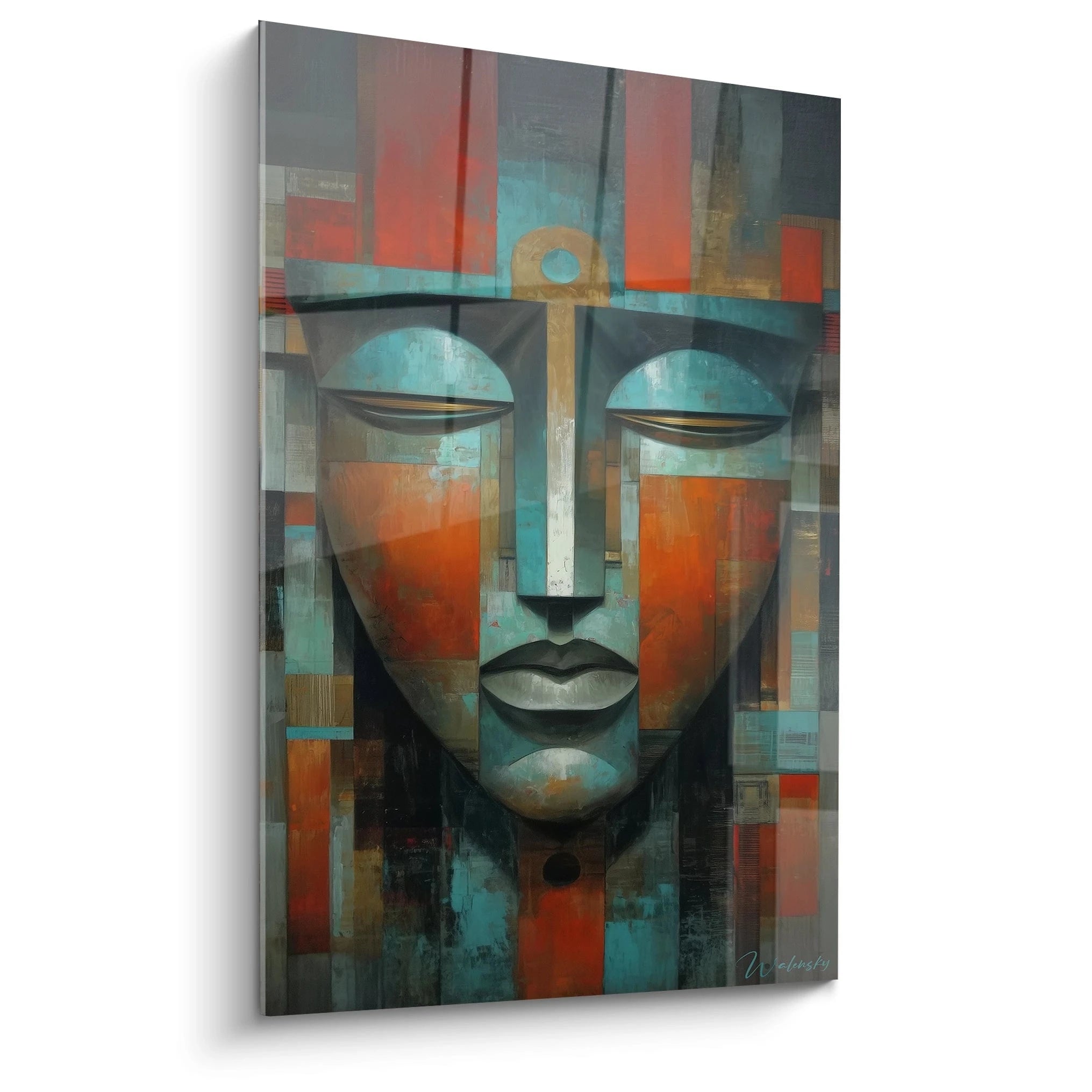 Tableau mural visage masqué africain avec des couleurs vives et des motifs géométriques modernes