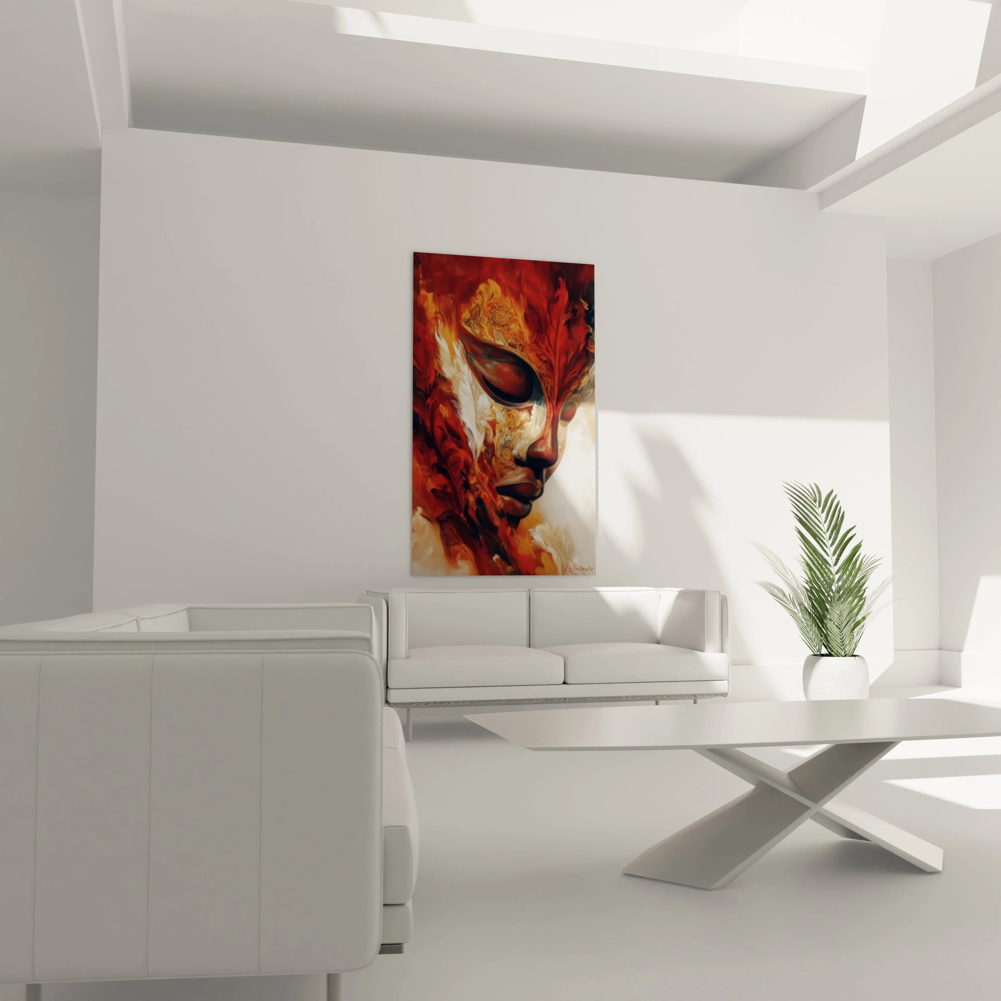 Tableau masque africain de Walensky, décor mural artistique avec des couleurs chaudes et des motifs uniques