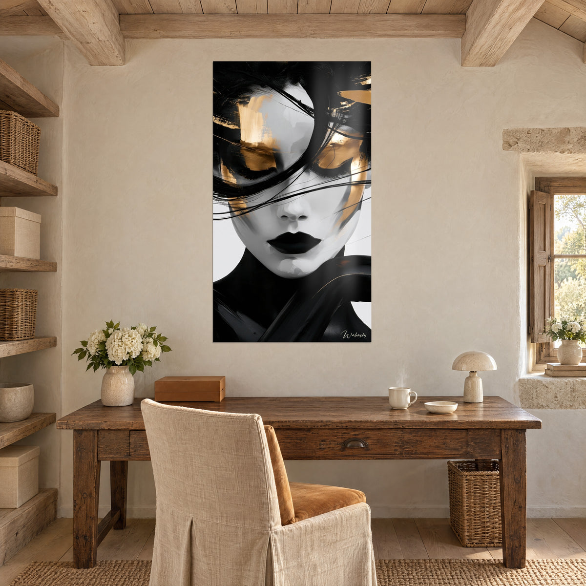 Wall art muse with ink-black lips, black veil streaked with gold on porcelain complexion, hanging above an oak desk