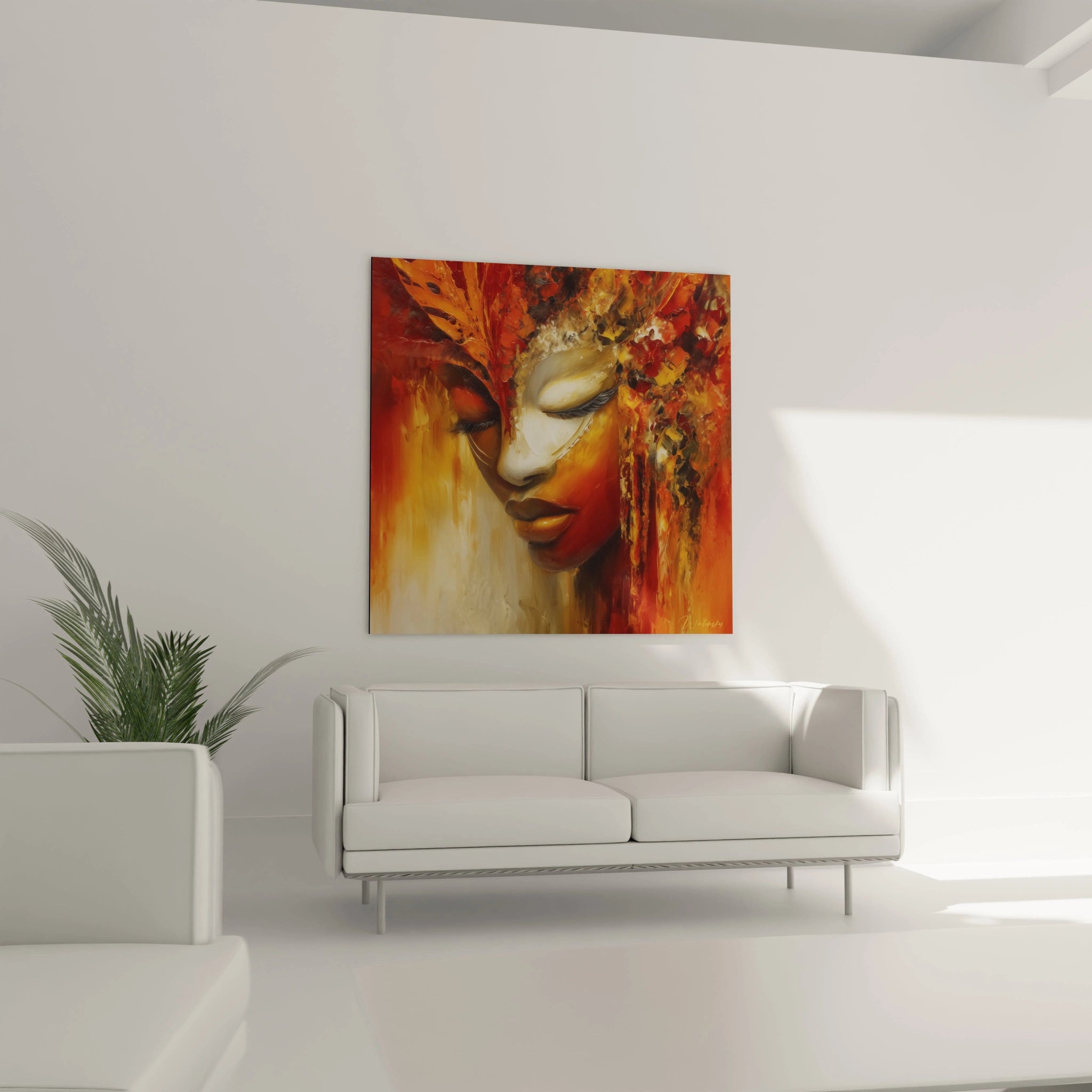 Tableau visage africain moderne avec des couleurs chaudes accroché dans un salon contemporain