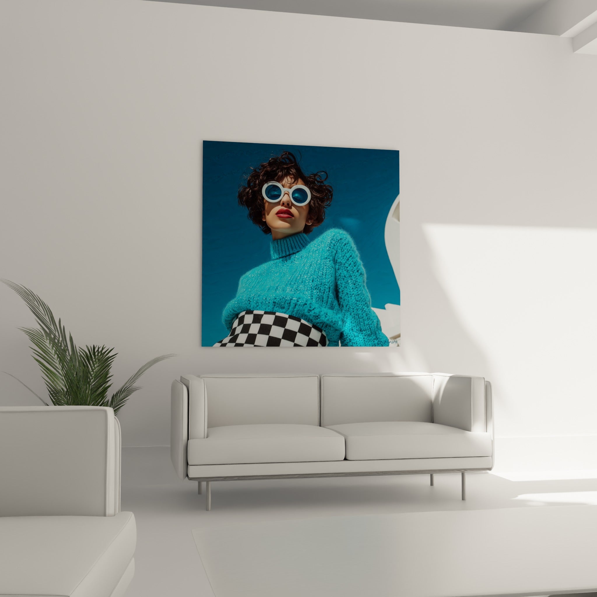 Silhouette Visage de la mode aux boucles brunes et lunettes rondes au-dessus d'un canapé dans un salon lumineux