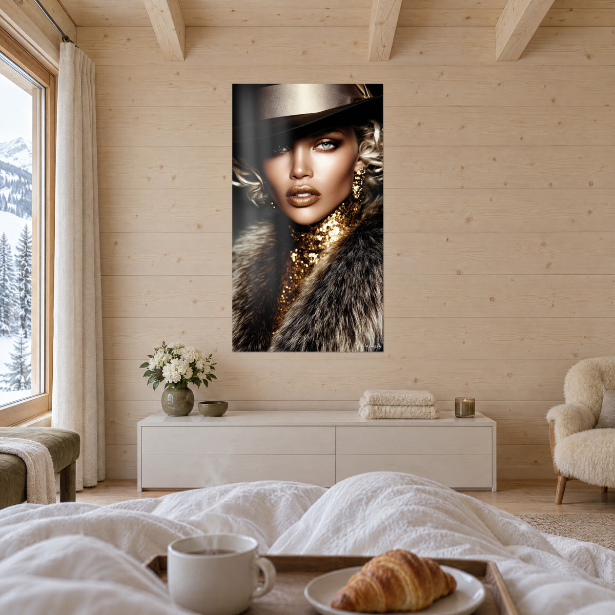 Schilderij topmodel met chocoladebruine hoed, gouden pailletten en vosbruin bont, boven een bed in een lichte slaapkamer
