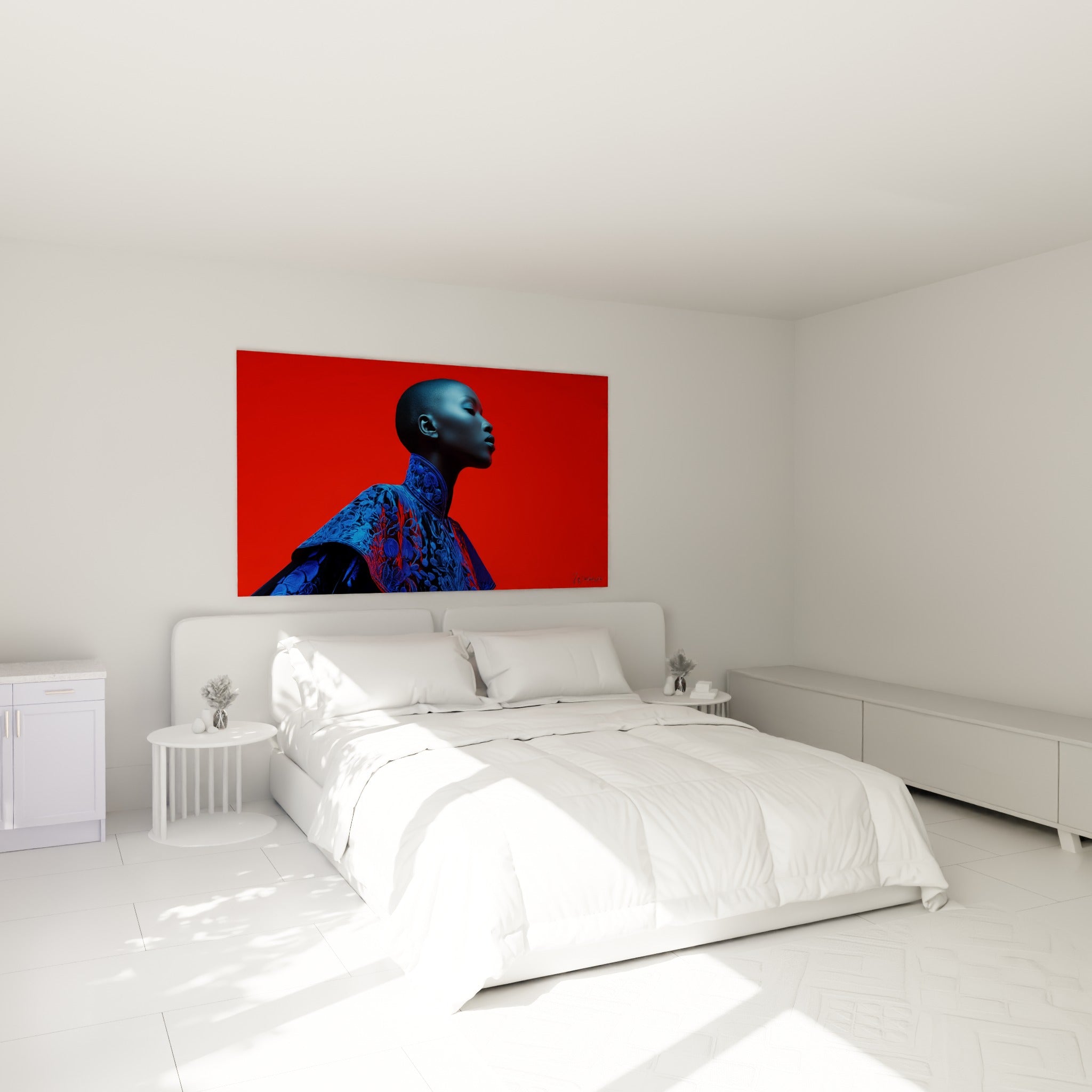 Silhouette Visage de la mode aux teintes bleu marine et rouge, au-dessus d'un lit dans une chambre claire