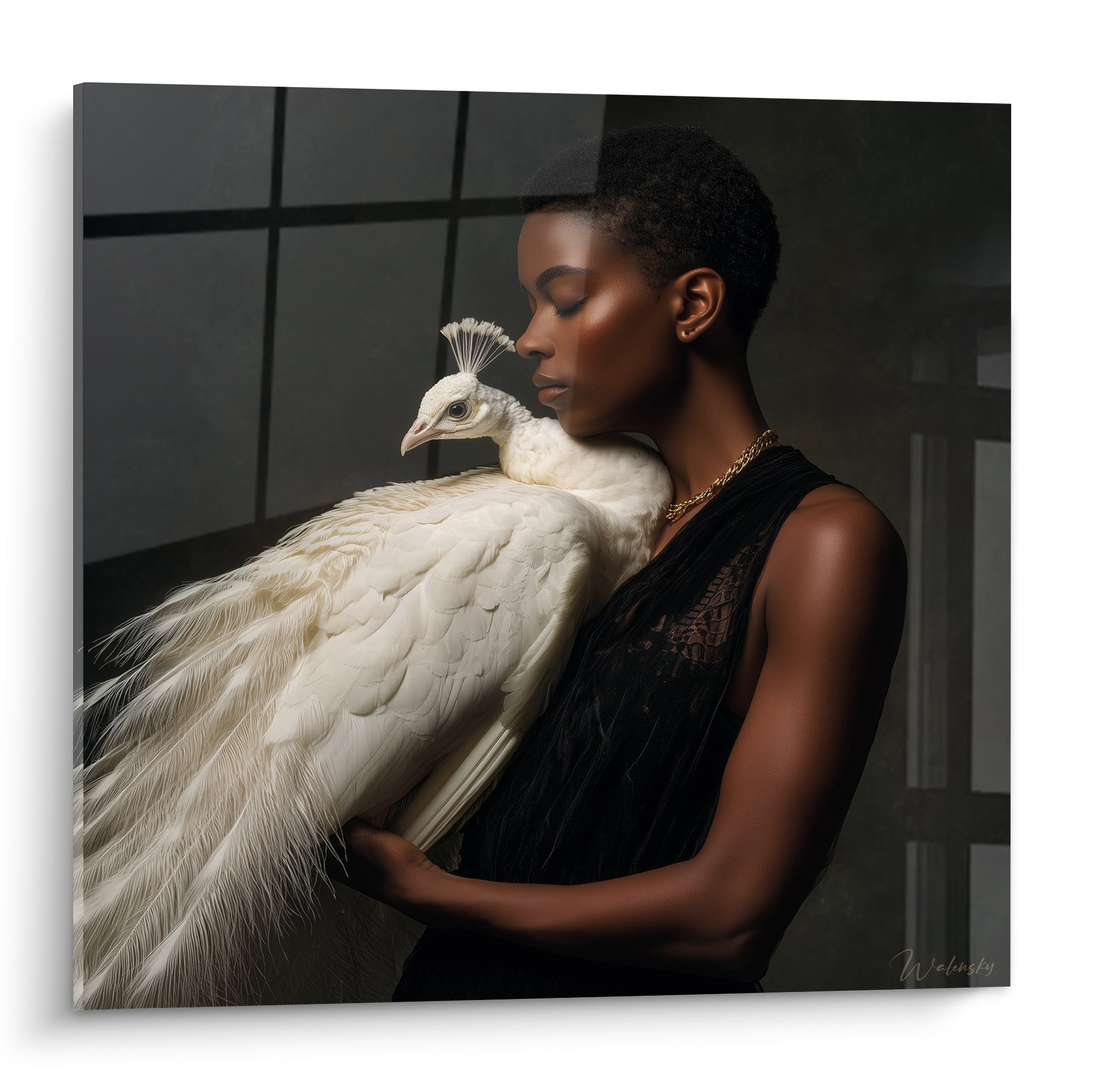 Femme au teint bronze enlaçant un paon blanc ivoire, robe noire, fond anthracite structuré