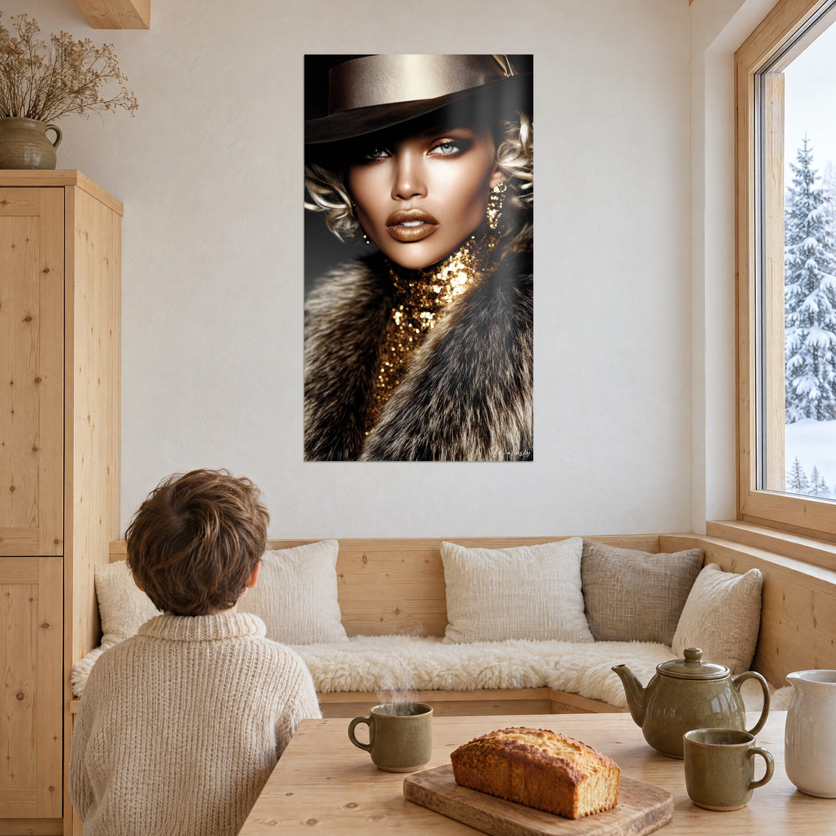 Schilderij verfijnde schoonheid, lichtblauwe ogen, bronzen lippen en grijs bont, tegenover het besneeuwde raam van de chalet