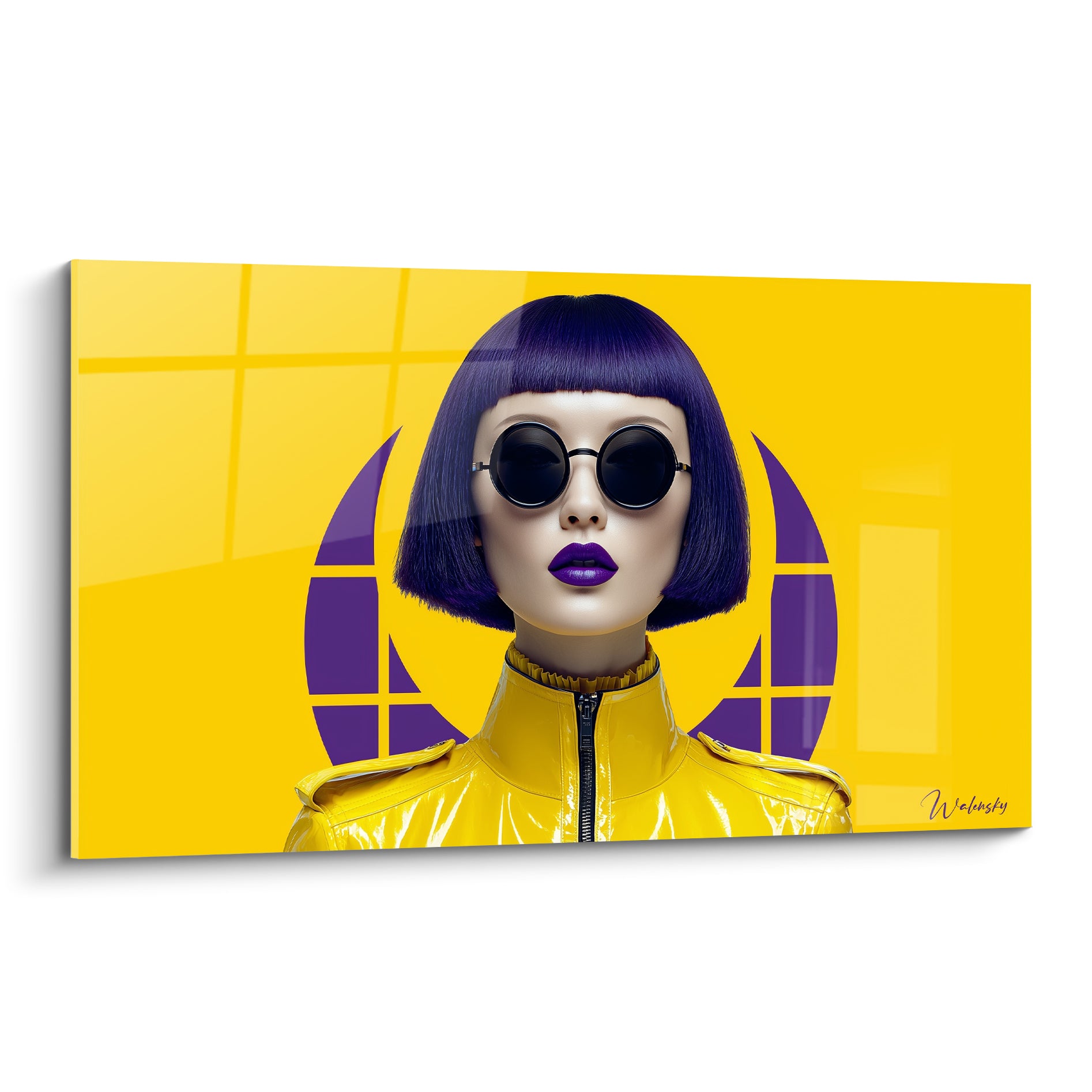 Visage de la mode aux lunettes rondes, fond jaune vif et cheveux violet profond, style pop numérique