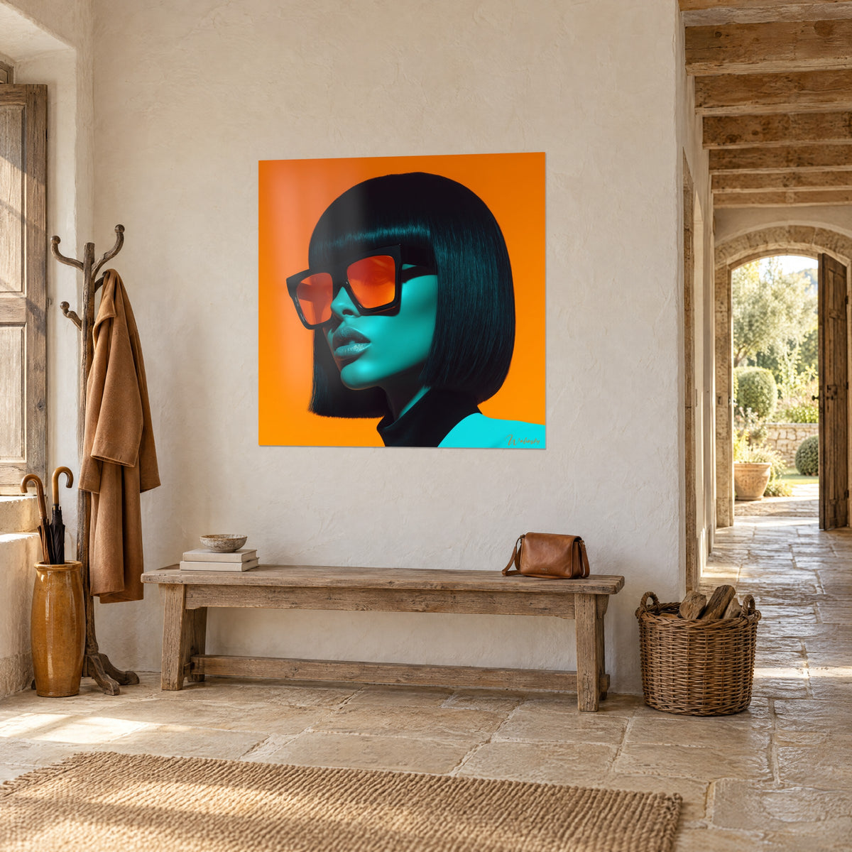 Cuadro modelo con sombrero bombín negro brillante y lentes tintadas en naranja, piel turquesa sobre fondo mandarina, muro de piedra y banco rústico