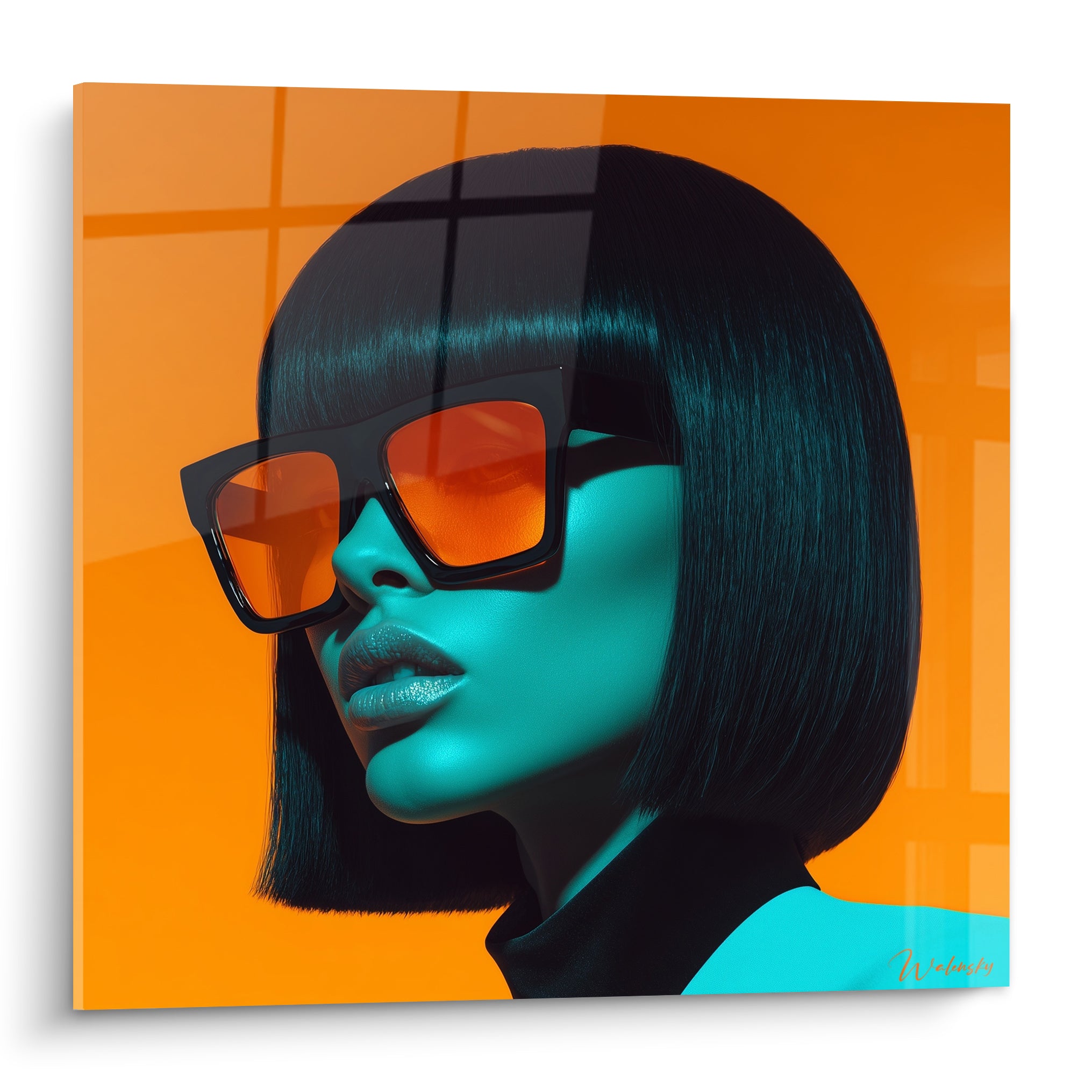 Visage de la mode aux teintes turquoise et orange, lunettes carrées, carré noir brillant