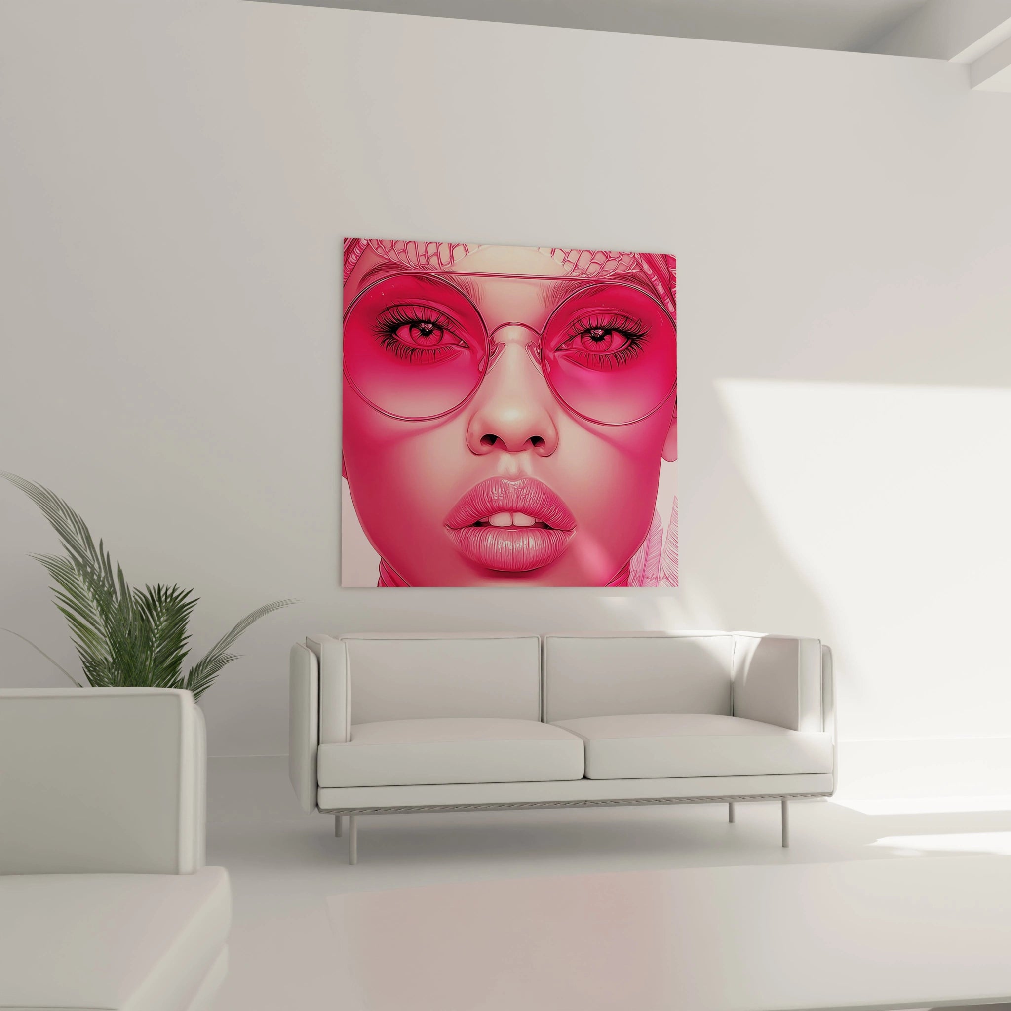 Tableau visage africain moderne avec des lunettes roses, ajoutant une touche contemporaine à la décoration intérieure