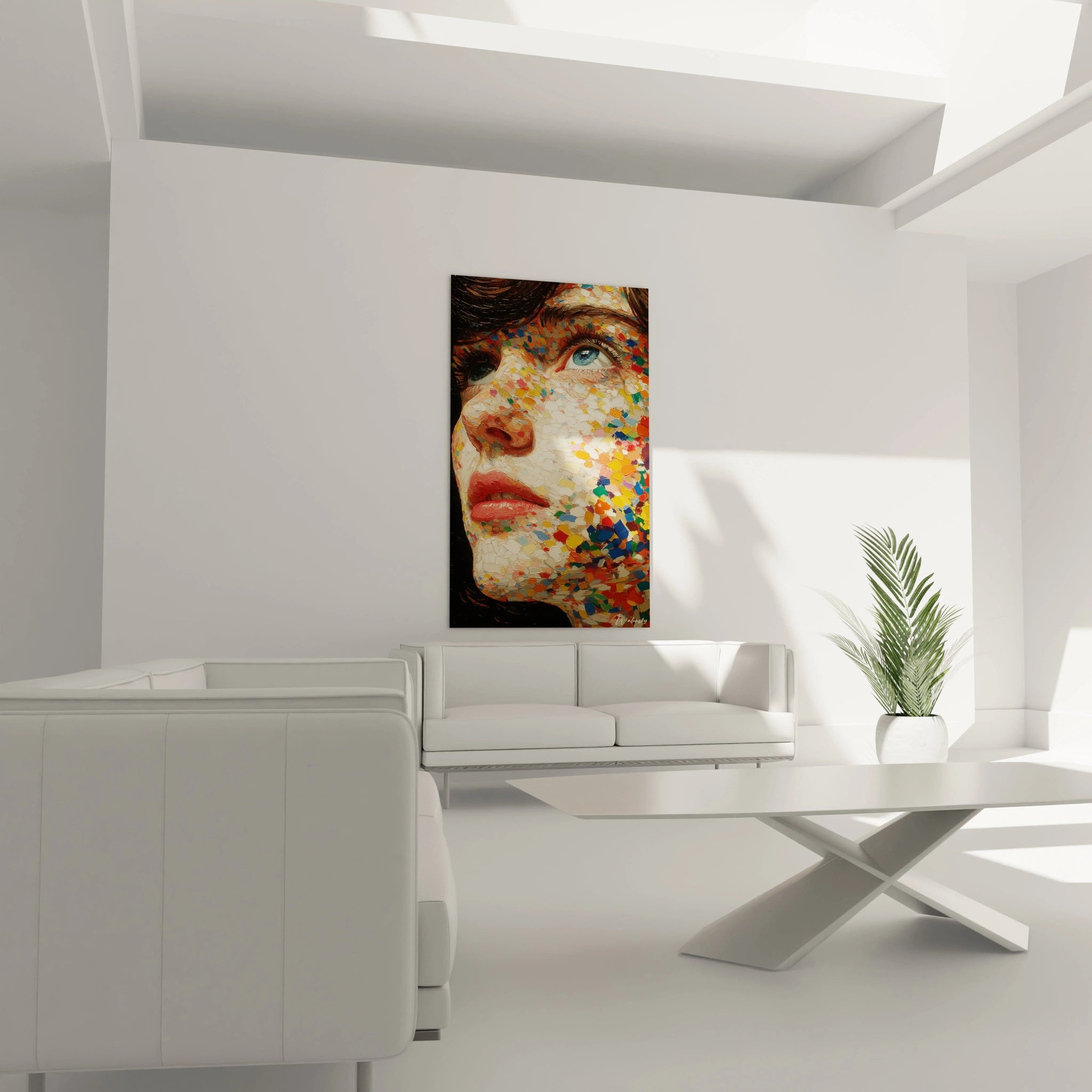 tableau visage mosaïque colorée Walensky montrant un portrait ancien d un homme en habit baroque dans salon lumineux