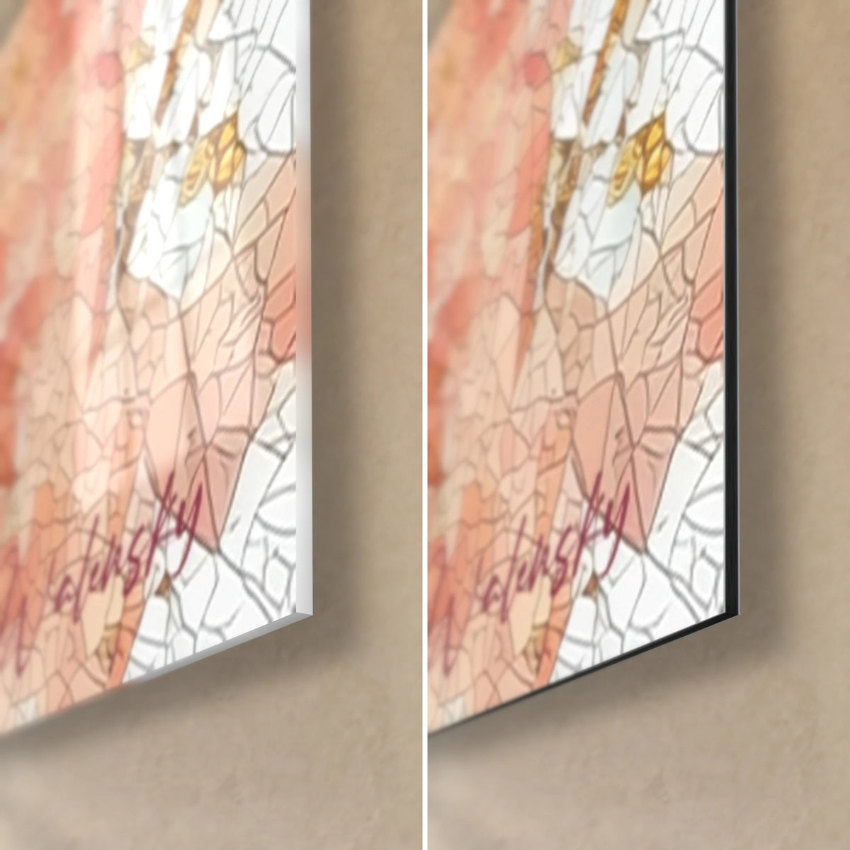 Cuadro rostro en mosaico, esquina inferior derecha: cristal brillante con reflejos, aluminio Dibond mate blanco rosado y canto negro de 3 mm