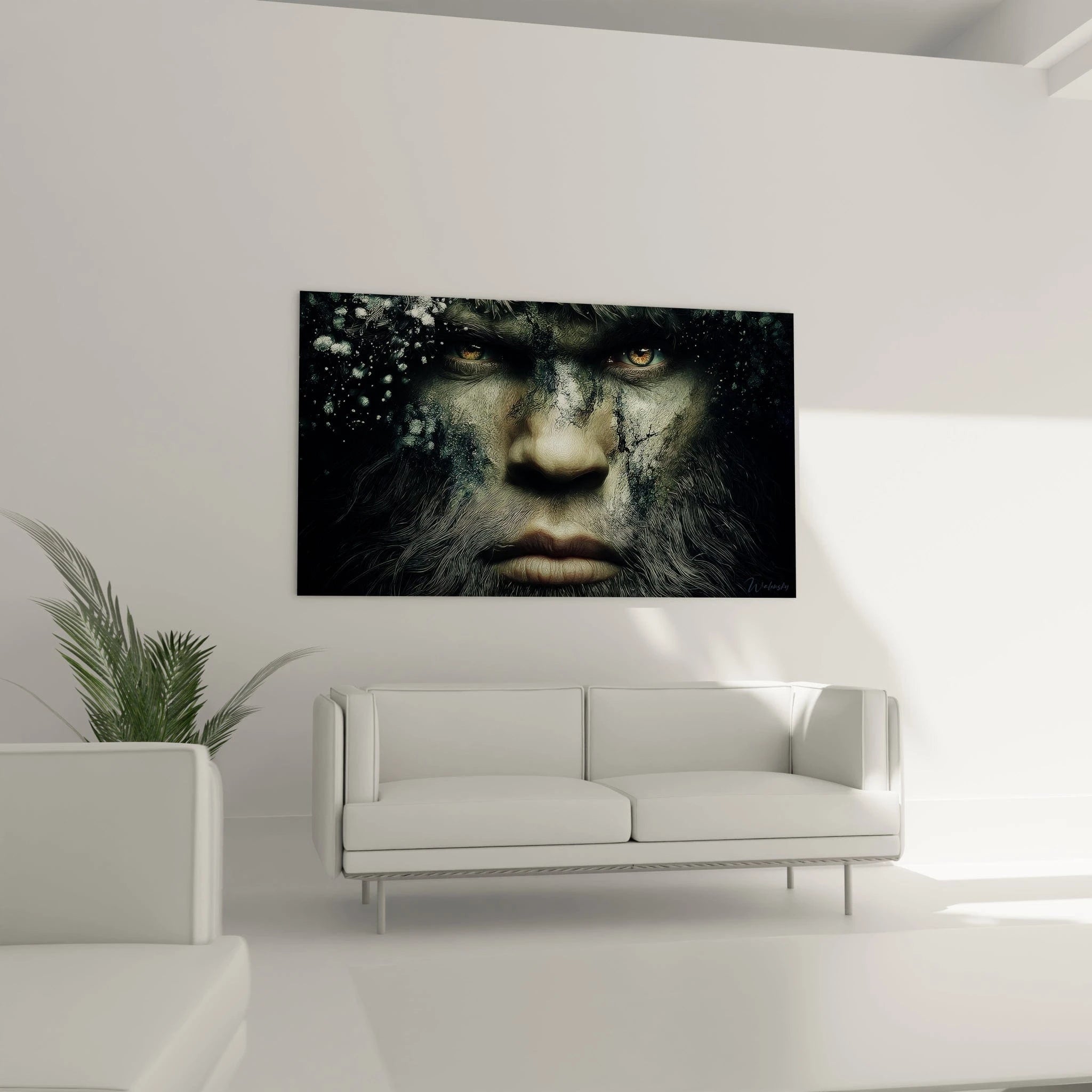 Gros plan tableau Bigfoot détails visage mystérieux yeux perçants dorés art fantastique mural