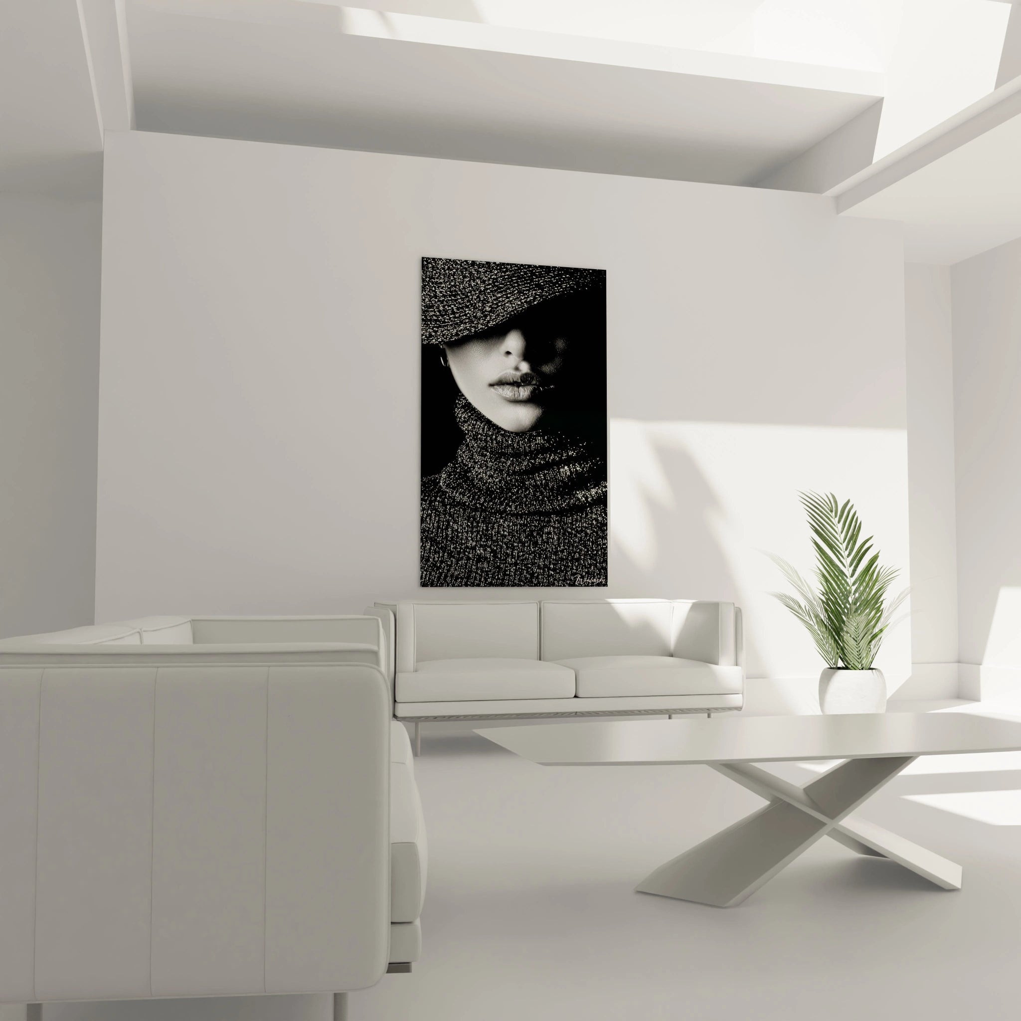 Tableau visage mystérieux noir et blanc de Walensky sur un mur blanc dans un salon moderne