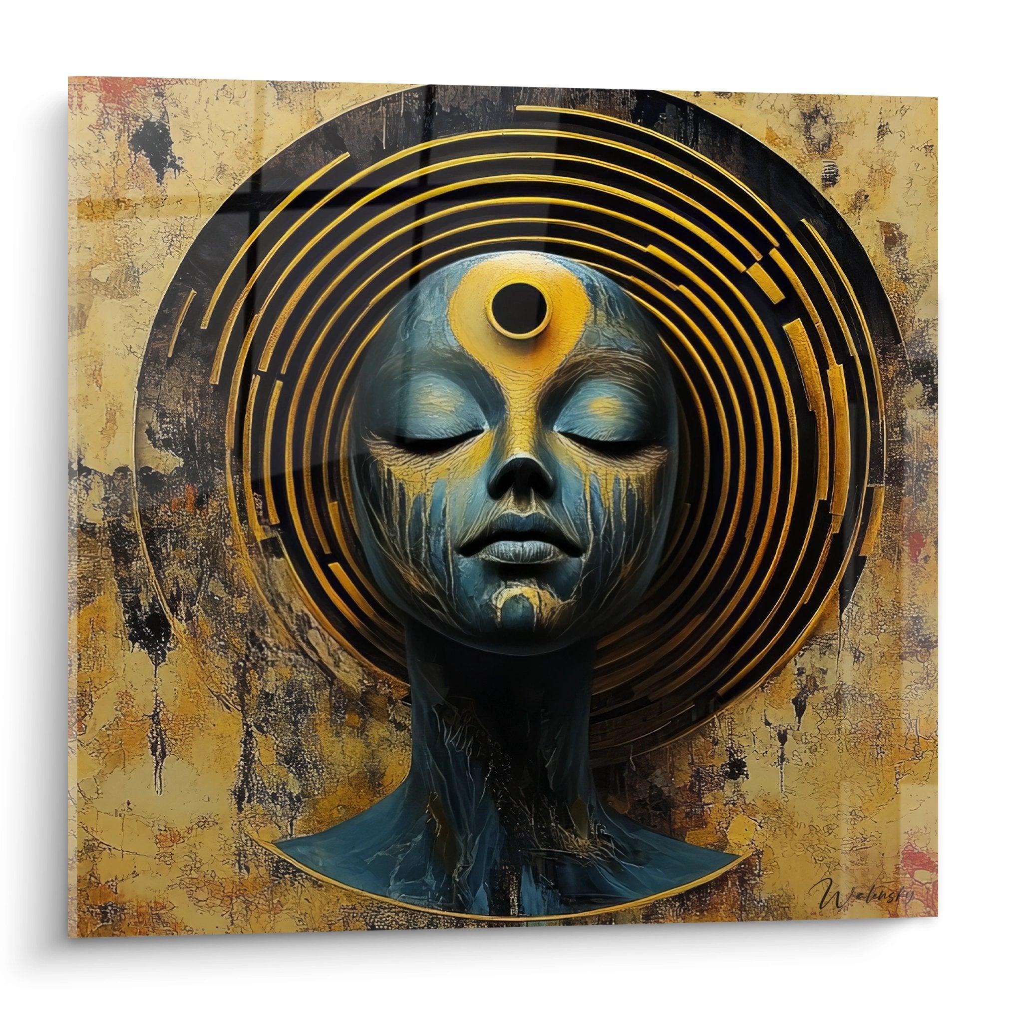 Tableau mural visage mystique troisième œil doré art figuratif abstrait spirituel moderne