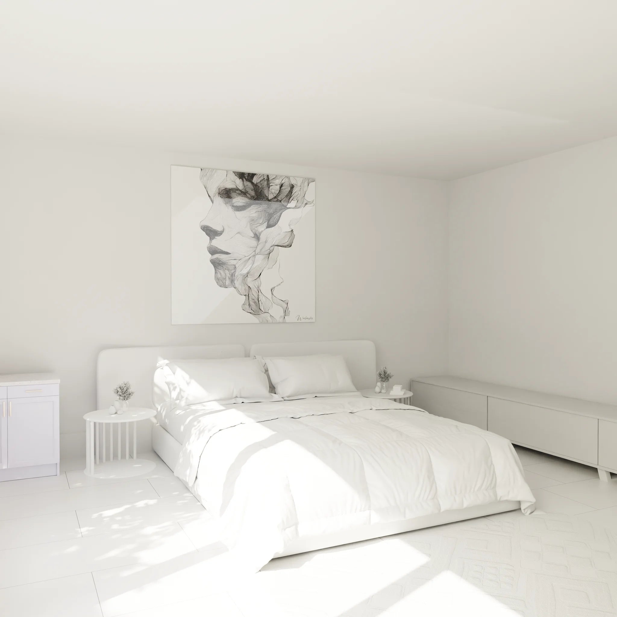 Tableau visage noir et blanc dans chambre moderne, décoration murale élégante et sophistiquée