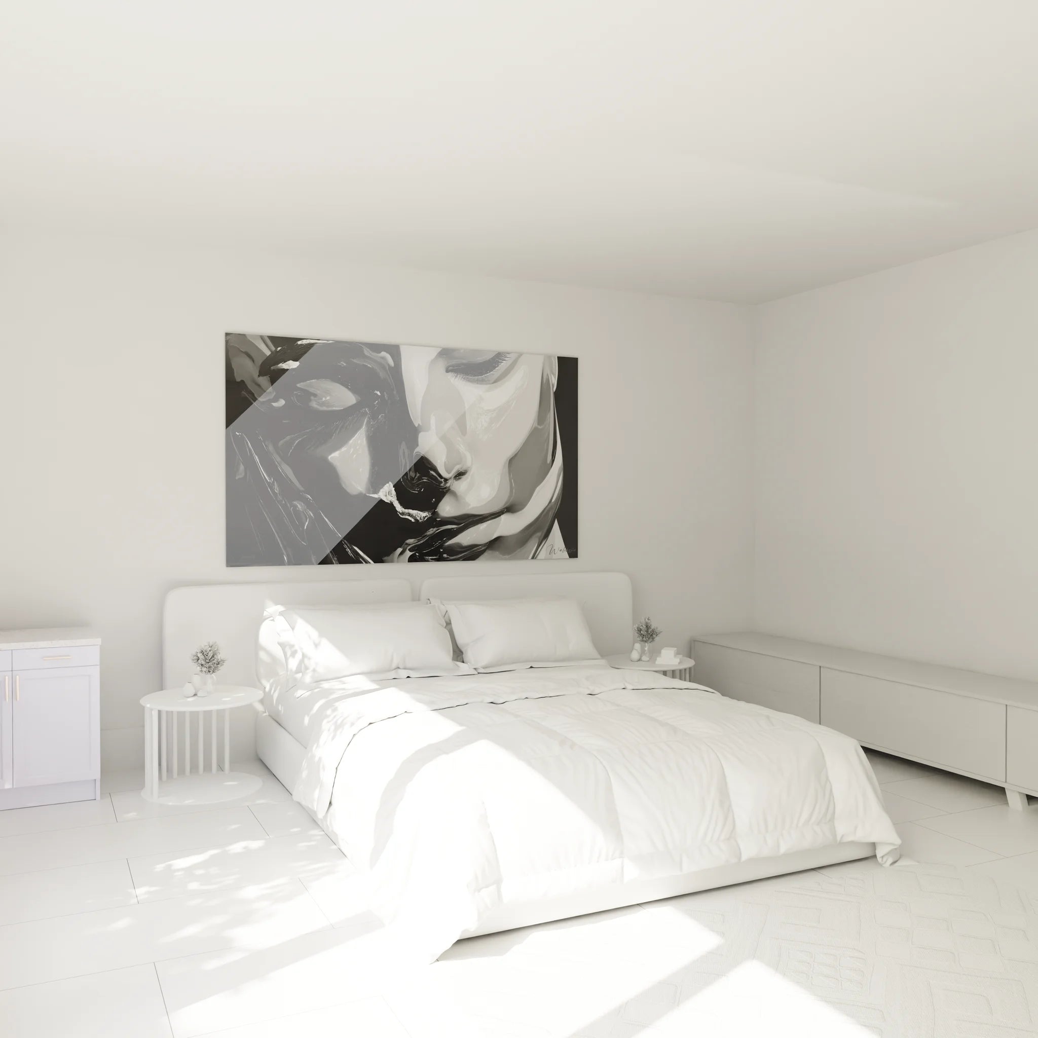 Tableau visage noir blanc dans chambre moderne décoration murale élégante ambiance