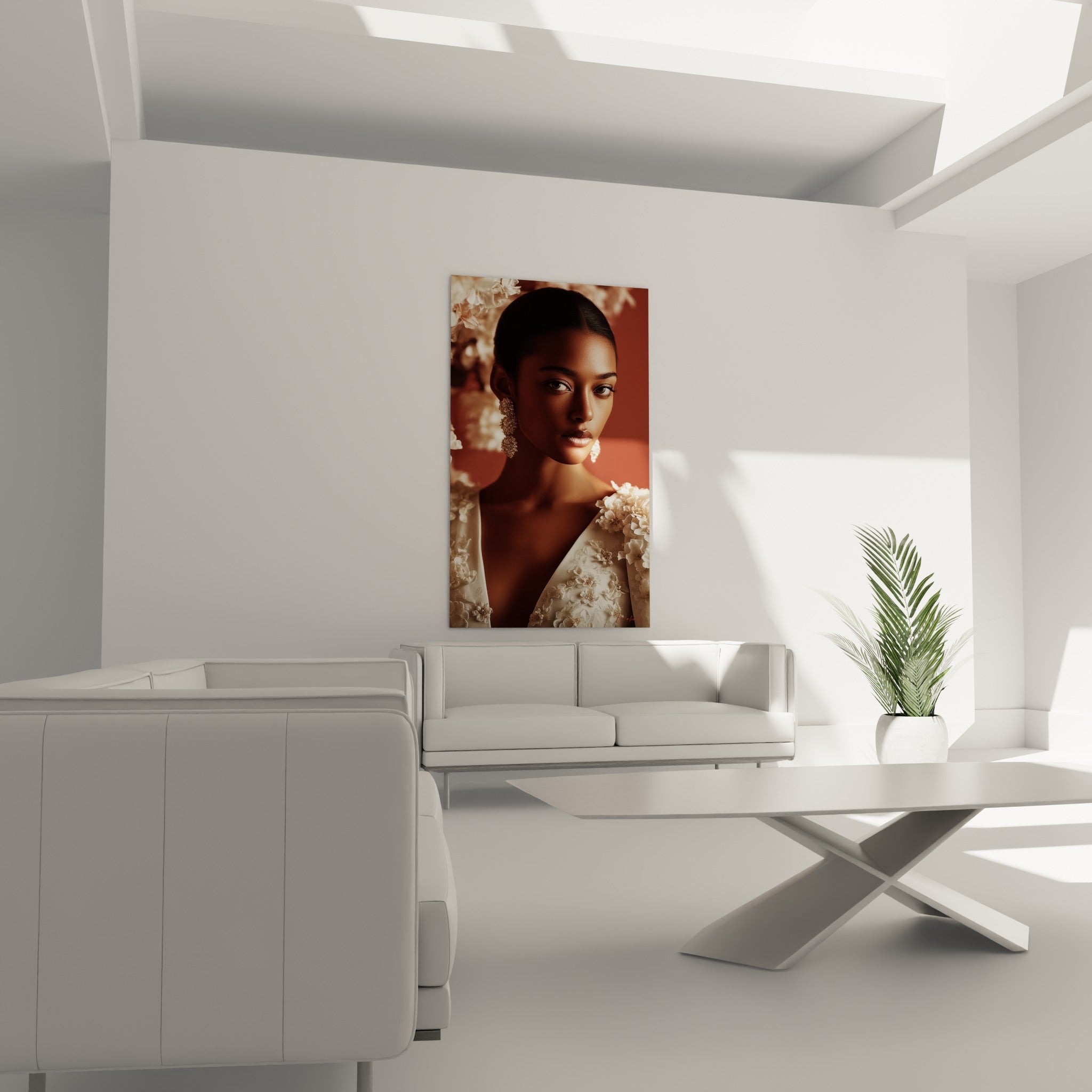 Portrait terracotta et ivoire d'une femme fleurie disposé au-dessus d'un canapé dans un salon lumineux
