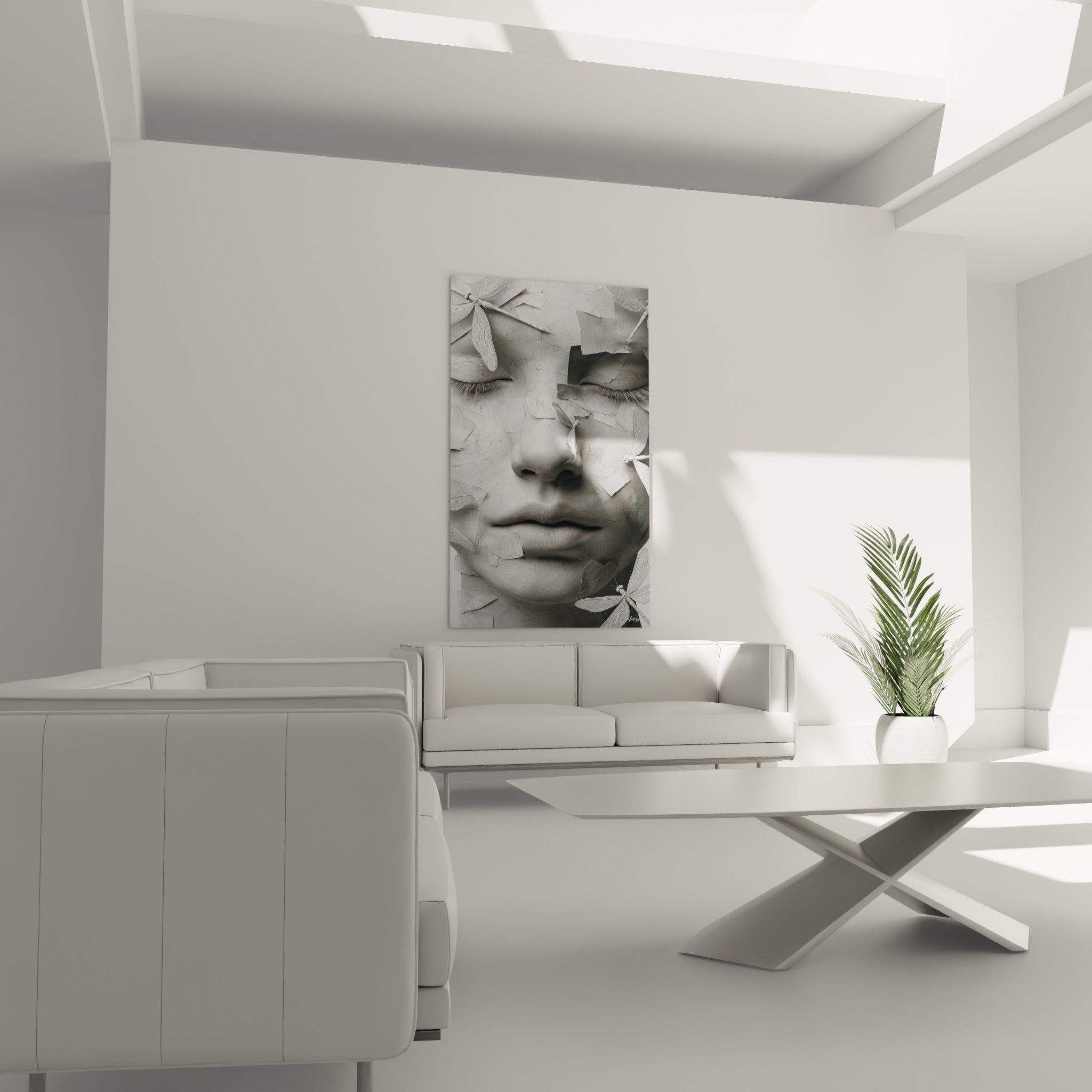 Portrait minéral anthracite et blanc, texture fissurée, libellules ailées, au-dessus d'un canapé dans un salon lumineux