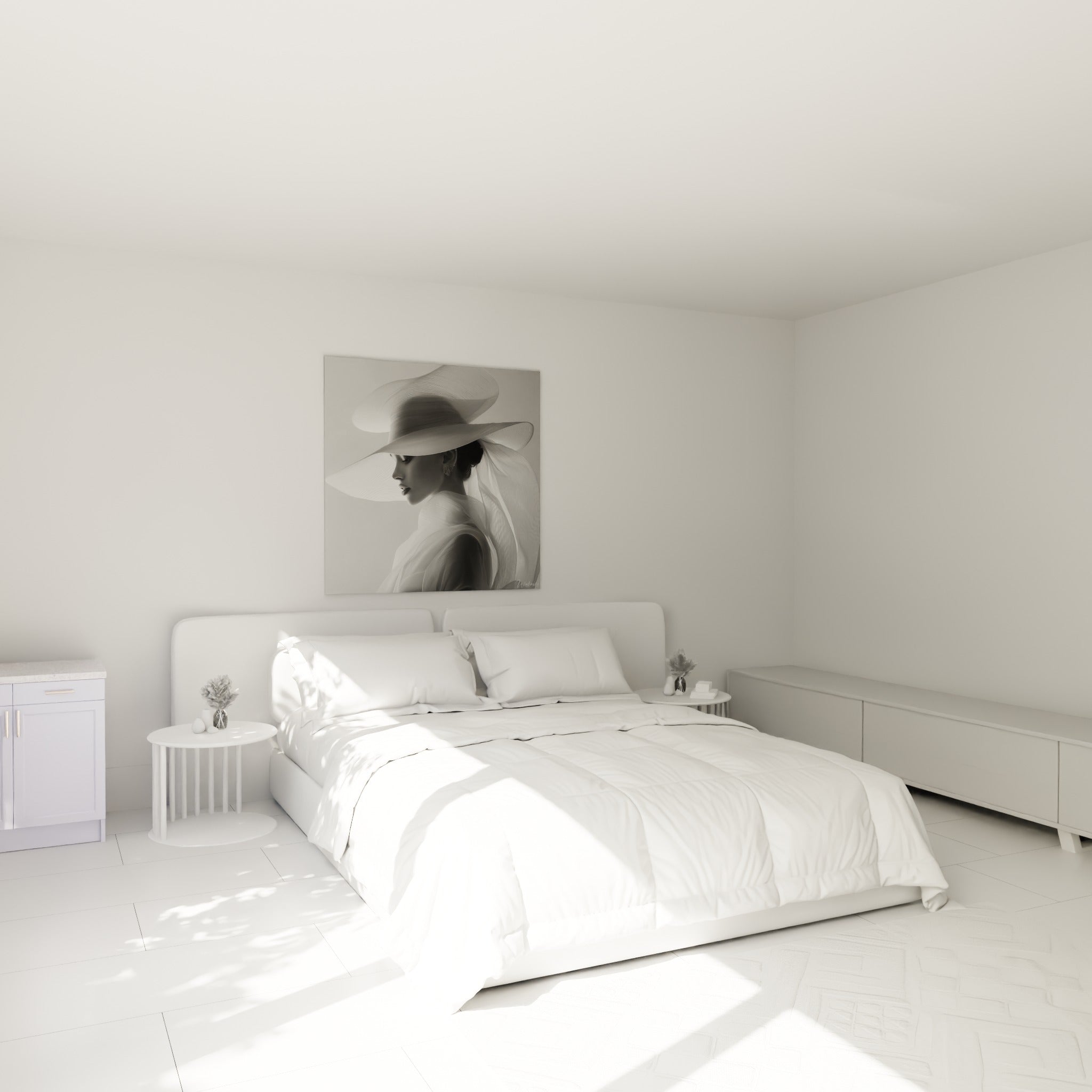 Silhouette voilée en camaïeu gris et blanc, tableau visage noir et blanc au-dessus d'un lit dans une chambre claire