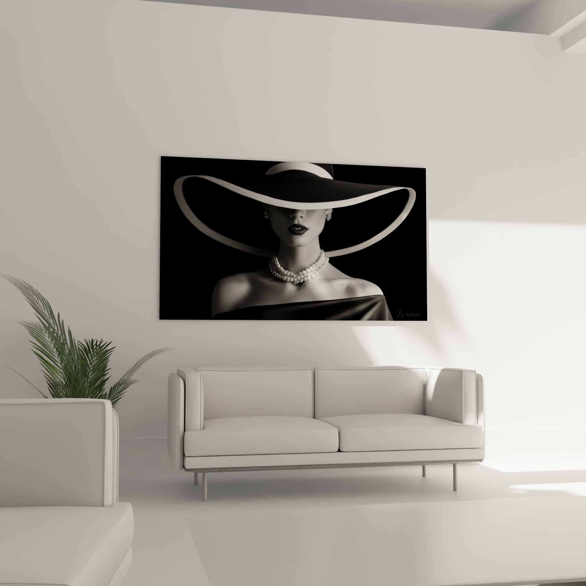 Visage dissimulé sous un ruban blanc sinueux et un collier perlé, au-dessus d'un canapé dans un salon lumineux