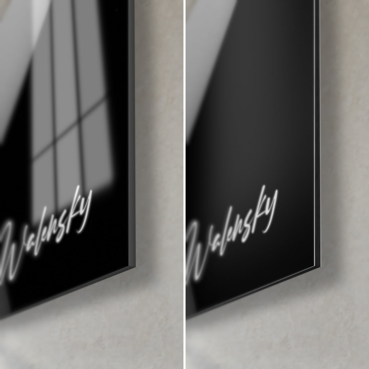 Cuadro rostro en blanco y negro, firma plateada Walensky, esquina inferior derecha: cristal acrílico brillante a la izquierda, aluminio Dibond mate a la derecha