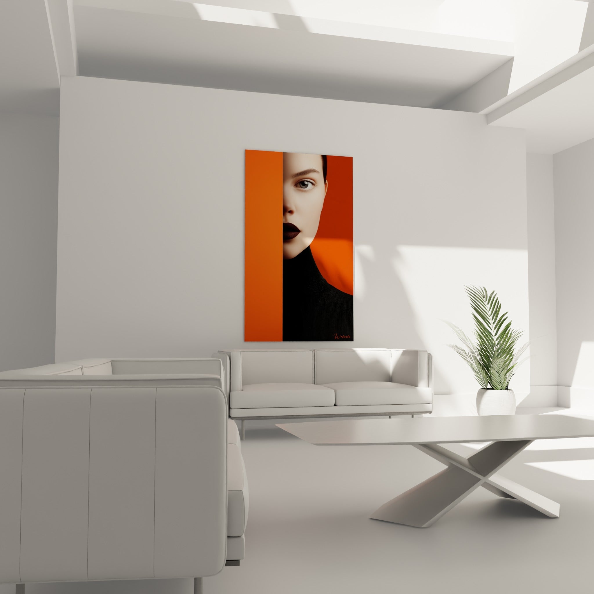 Regard intense sur fond orange et terracotta, col noir tricoté, au-dessus d'un canapé dans un salon lumineux