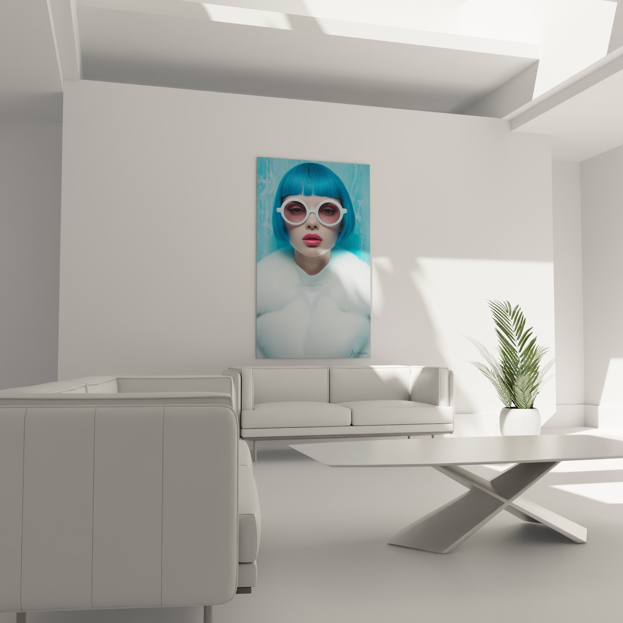 Femme au manteau blanc et lèvres corail, au-dessus d'un canapé dans un salon lumineux
